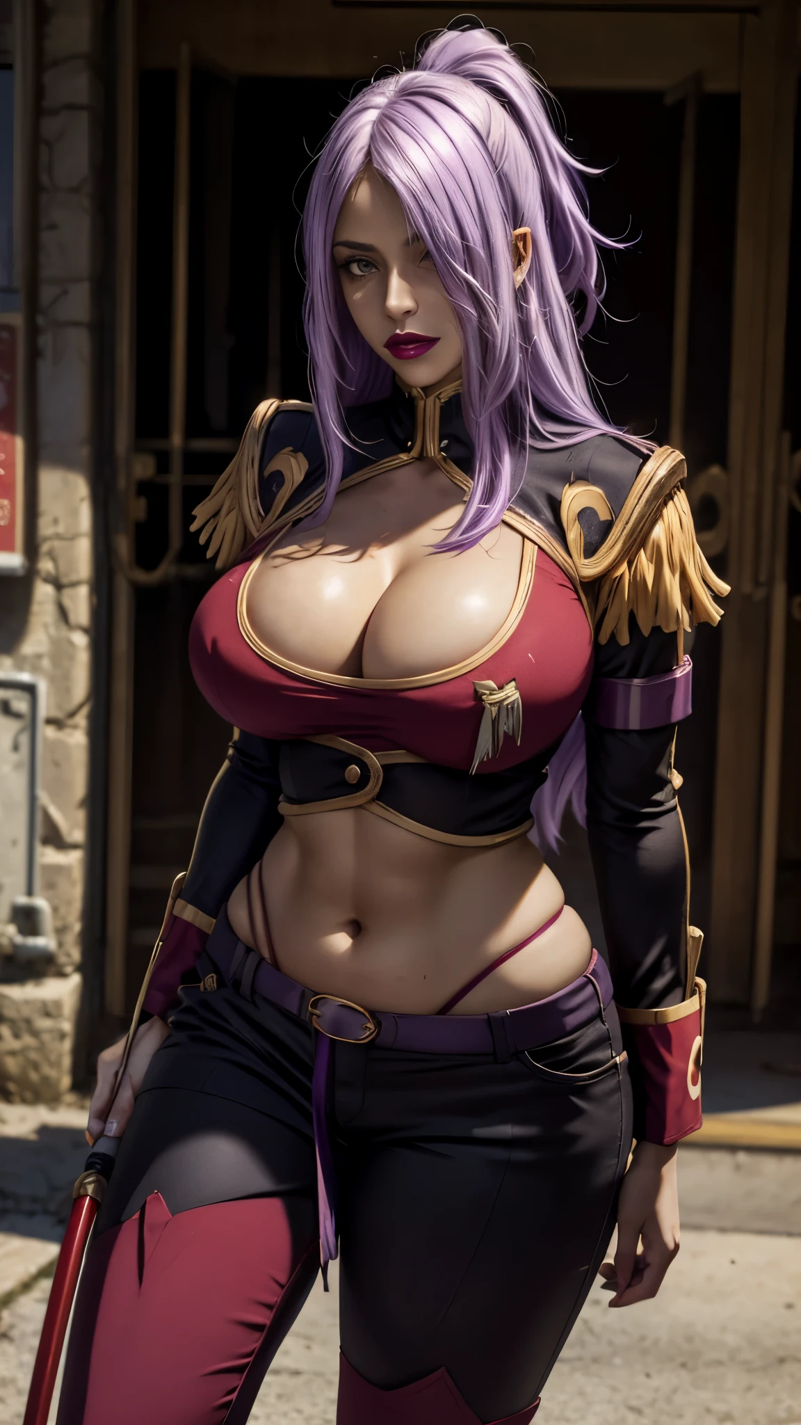 ANIME_Dragonaut_GarnetMclane_ownwaifu,
1girl, long hair, dark skin,  breasts, dark-skinned female, purple hair,  hair over one eye, large breasts, lipstick, makeup, huge breasts, ponytail, green eyes, navel, lips, thick thighs, light purple hair,
cleavage, midriff,  cleavage cutout, clothing cutout, weapon, epaulettes, thighhighs, uniform, military, pants, military uniform,
((masterpiece)),((best quality)),(highres, absurdres), original, official_art, looking at viewer, solo, focused, outdoors, day, cowboy shot,