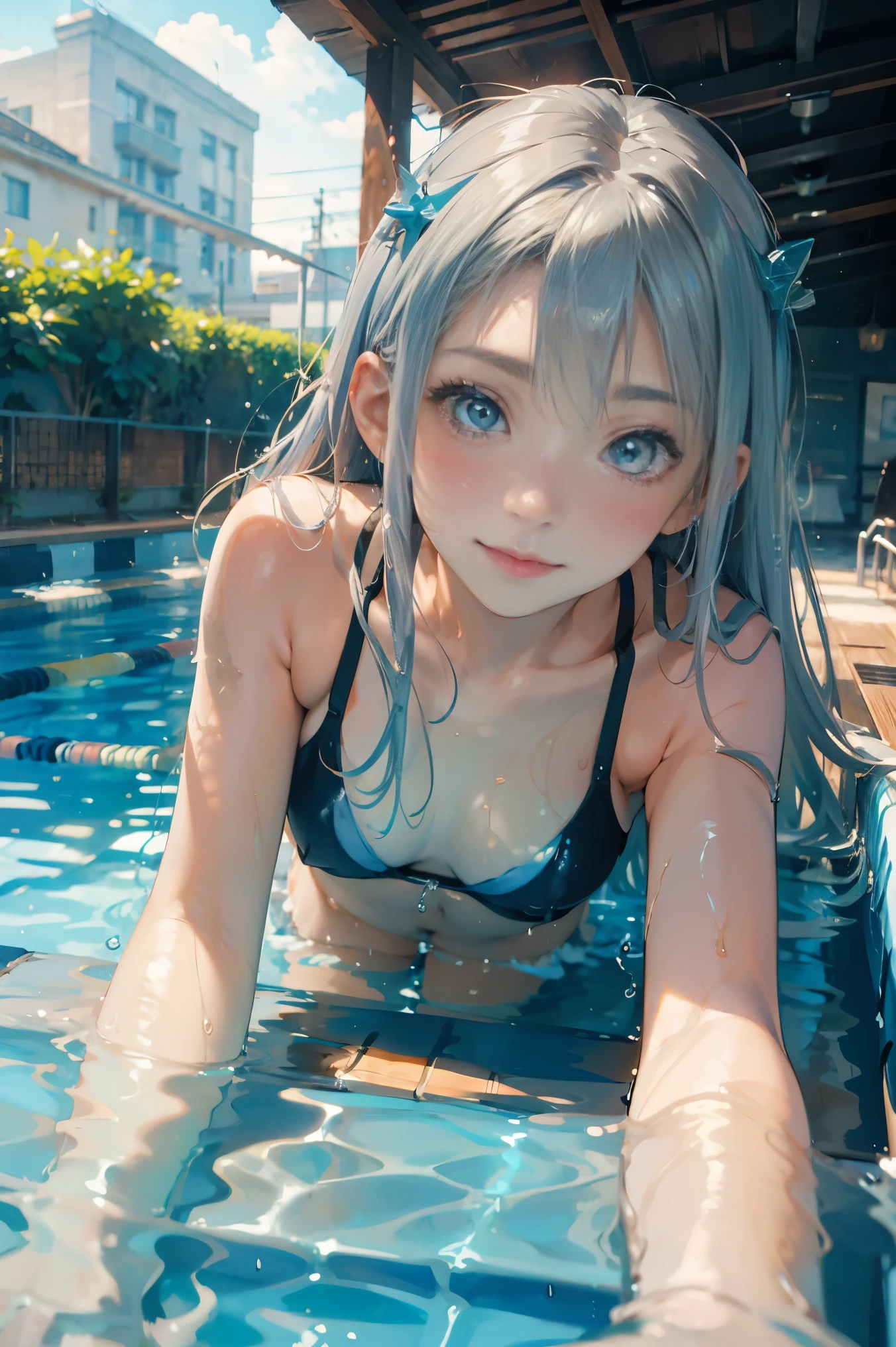 ((masterpiece)),(face focus:1.2),(from below),(Girl swimming deep underwater in the pool:1.5),(light blue competitive bikini),(small breasts),glistening skin,
BREAK
(silver hair),beautiful detailed eyes,aqua eyes,,long hair,smile,