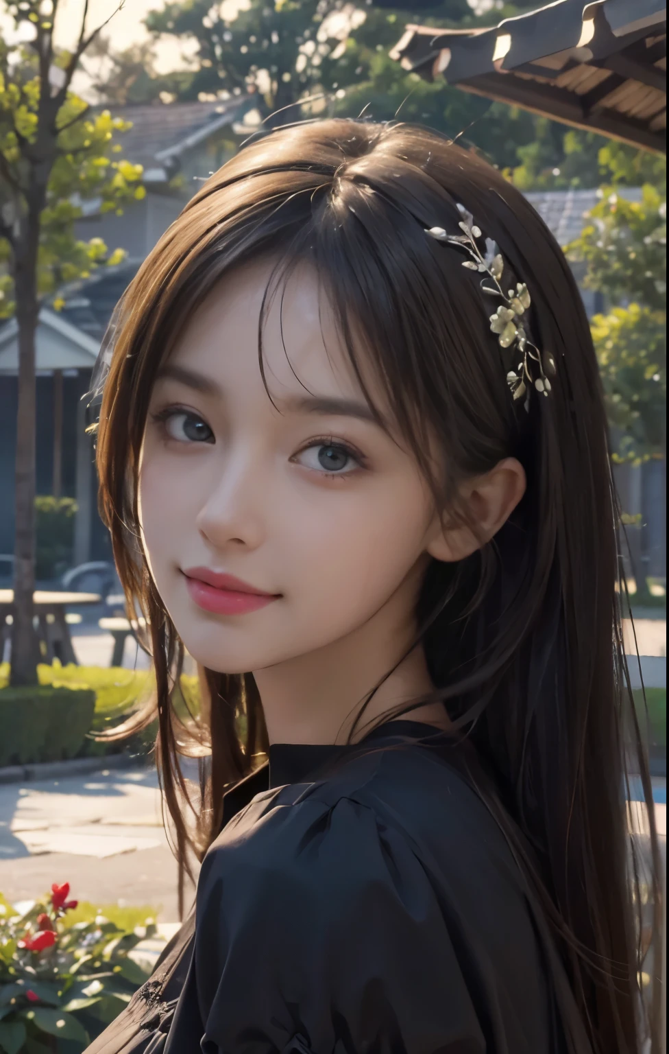 (ultra realistic) , (illustration), (increase resolution), (8K), (extremely detailed), (best illustration), (beautiful detailed eyes), (best quality), (ultra-detailed), (masterpiece), (wallpaper), (detailed face), solo,1 girl, looking at viewers, delicate details, in the dark, deep shadow, low key, pureerosfaceace_v1, happy smile, dark summer dress, full body, garden