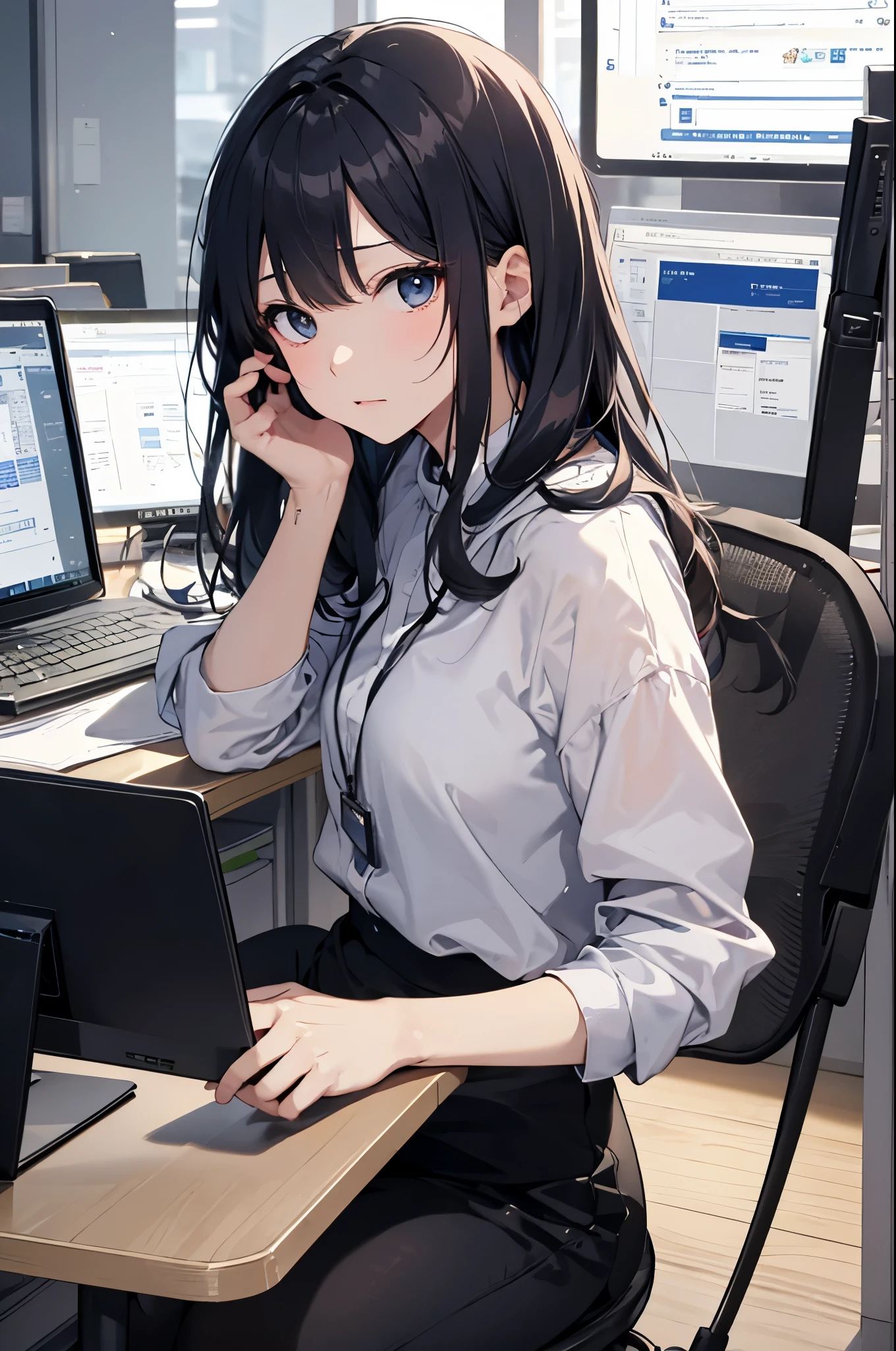 (Pretty sister:1.pring atmosphere、evening、aggressive、office、((impatient face))、Type into a computer、A lot of work、overtime