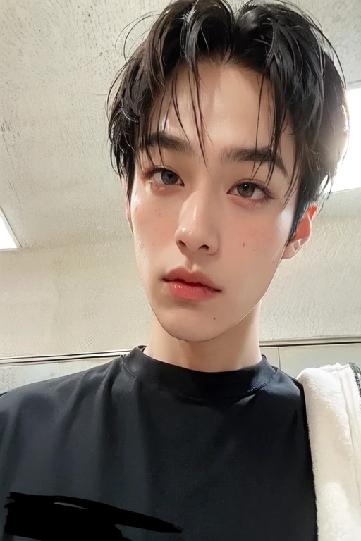 arafed asian man with a black shirt and a white towel, jung jaehyun, kim doyoung, jinyoung shin, hyung tae, cai xukun, shin jeongho, taejune kim, wan adorable korean face, hong june hyung, jimin\'s right eyelid swollen, male ulzzang, yanjun chengt, seseon yoon