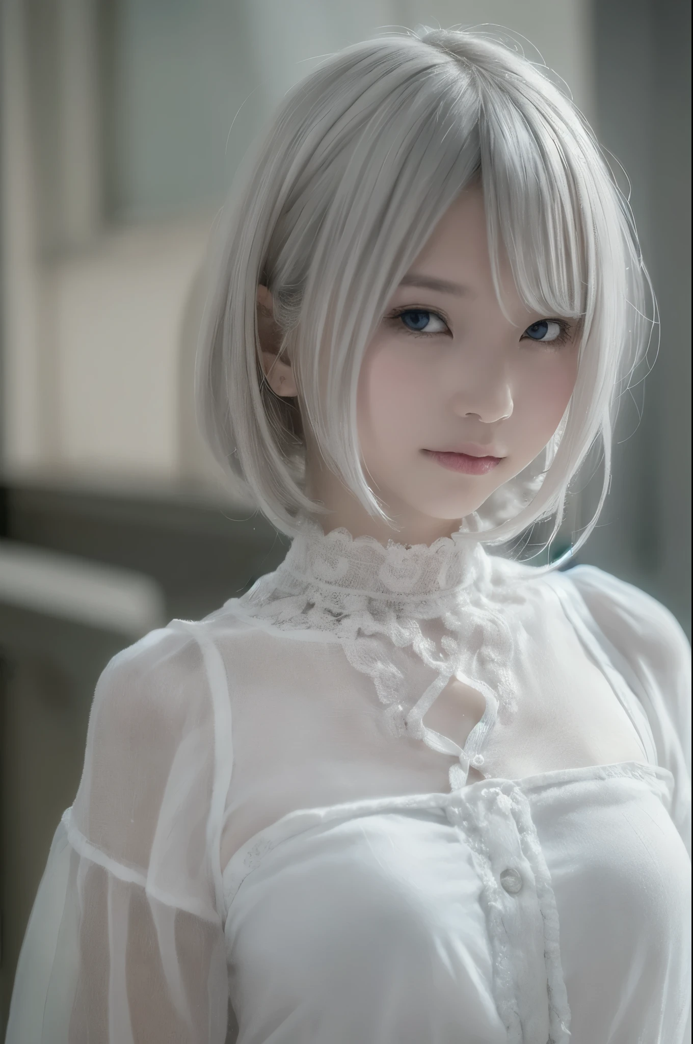 ((high quality)),table top,(Detailed depiction of local details:1.2),1 Japanese girl,(plump breasts:1.3),Enchanted Valley,closed mouth,eyelash,looking at the viewer,portrait,alone,Upper body,gray hair,white theme,short hair,silver hair,Yoruhano. 2 Type B,