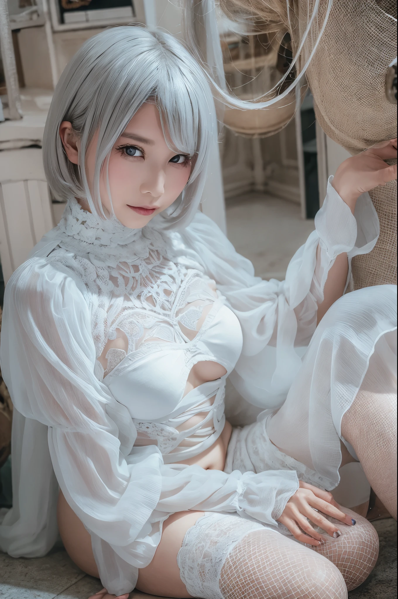 ((high quality)),table top,(Detailed depiction of local details:1.2),1 Japanese girl,(plump breasts:1.3),Enchanted Valley,closed mouth,eyelash,looking at the viewer,portrait,alone,Upper body,gray hair,white theme,short hair,silver hair,Yoruhano. 2 Type B,