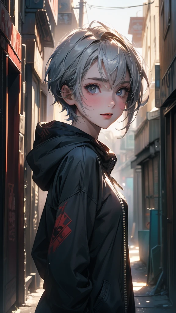 (masterpiece, High resolution, highest quality), ((20 year old woman, Composition from head to stomach, upper body focus)), smile, detailed eyes, Zippered hoodie, Asymmetrical punk short hair:1.2, ash gray hair, A deserted back alley in Paris:1.3, cinematic lighting, anime style, simple lines, digital painting