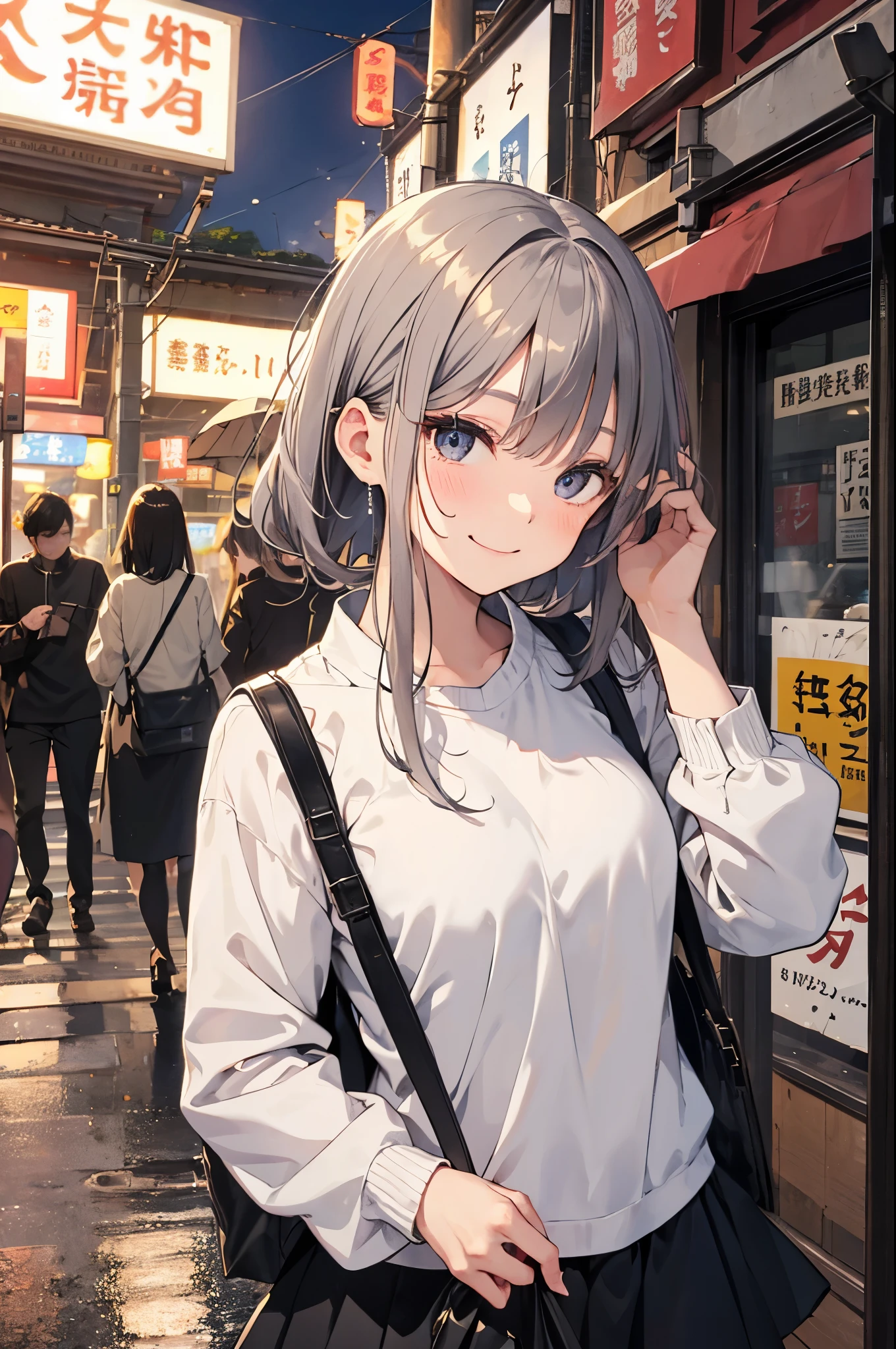 （Pretty sister:1.3）、long eyelashes、happy face,spring atmosphere、evening、aggressive、hot、((strong wind))、black skirt、shining eyes、Y-shirt、Izakaya、Beer in the right hand、drunk、red cheeks