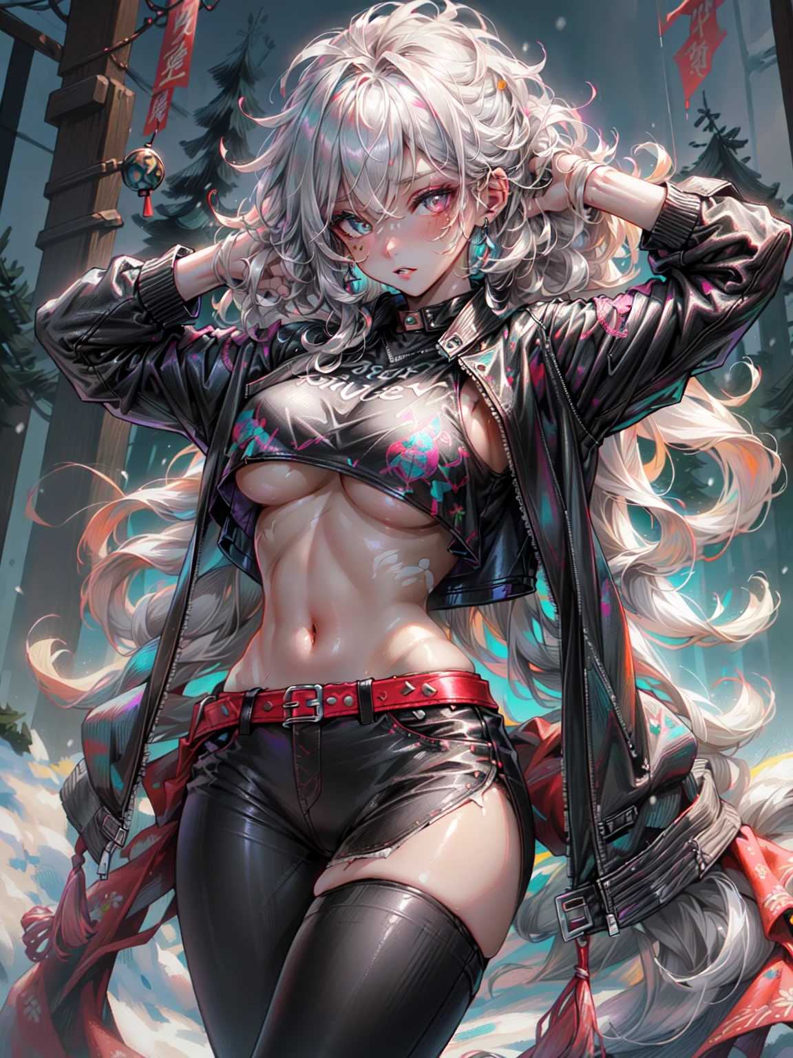 goth girl,(((1 girl))),((extremely cute and beautiful black haired anime goth girl)),((())),
Organic Armor Cyborg、machine armor、armor texture、
(big breasts:1.2),((((wavy black hair:1.35,途方もなく長いmessy hair,messy hair,colored inner hair,ear breathing)))),((heterochromia:1.5, (purple_eye and red_eye))),Complex eyes,beautiful detailed eyes,symmetrical eyes,Big eyes:1.5,((Fat)),(((Glossy skin:1.5,bright skin: 1.5,sunburned skin,shiny skin,very shiny skin,shiny body,plastic glitter skin,exaggerated shiny skin,illuminated skin))),(Spider'Behind the Scenes,tight waist,wide hips,sports body,Swelling of the legs,detailed body,(detailed face)),
cute,slutty,attractive,erotic,(NSFW),
revealing clothing,show your skin,(((printed t-shirt, Black Leather Crop Jacket:1.3))),((black leather pants,(eyeに見えるひもストラップ:1.5))),((underboob:1.2)),(((black eyeshadow,Thick black eyeliner,Dramatic long lashes,black lips,Goth Accessories,Complex makeup))),(((,Complex outfit,Complex clothes,Embroidered costumes,luxurious costume,embroidered clothes,gorgeous clothes))),
(dynamic pose:1.0),embarrassing,(in the center,Scale to fit,Rule of thirds),
((Snow-covered pine forest at night)), With dark storm clouds,winter,scenery:1.25,((snow forest background)),Christmas tree,
High resolution,sharp focus,(Super detailed,very detailed),(realistic artwork:1.37),(very detailed CG unity 8k wallpaper),(((bright colors,vibrant theme))),(Complex),(masterpiece),(highest quality),