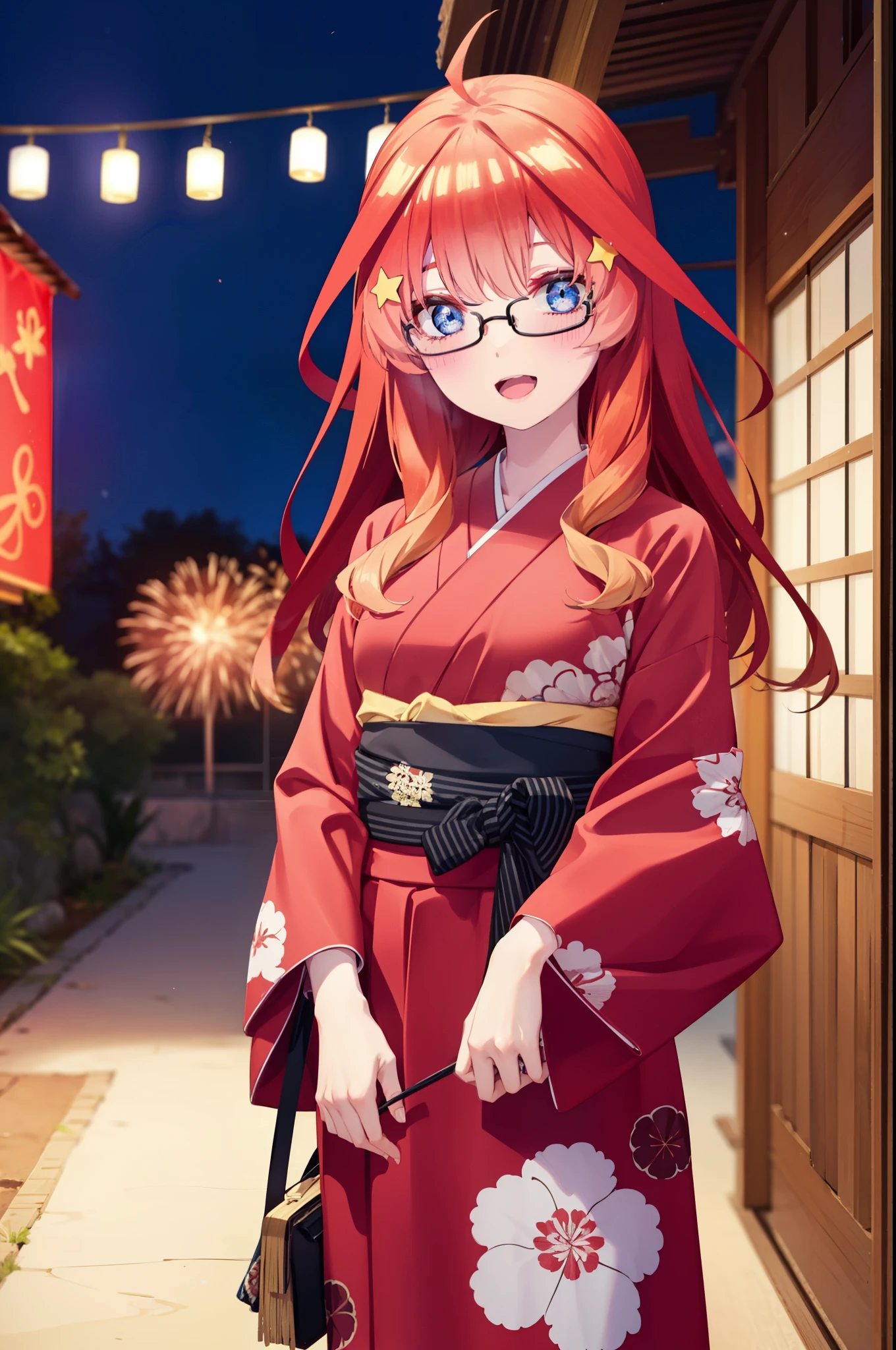 itsukinakano, itsuki nakano, bangs, blue eyes, hair between eyes, Ahoge, redhead, star \(symbol\), hair ornaments, star hair ornaments,Akagi glasses,smile,blush,happy atmosphere,open your mouth,long hair,tie your hair back,Red gorgeous kimono,night空のfirework,firework,Zori sandals,japanese festival,summer festival stalls,red lantern,night,イラストにwhole bodyが入るように, night
break outdoors, shrine, break looking at viewer,whole body,(cowboy shot:1.5),
break (masterpiece:1.2), highest quality, High resolution, unity 8k wallpaper, (shape:0.8), (fine and beautiful eyes:1.6), highly detailed face, perfect lighting, Very detailed CG, (perfect hands, perfect anatomy),