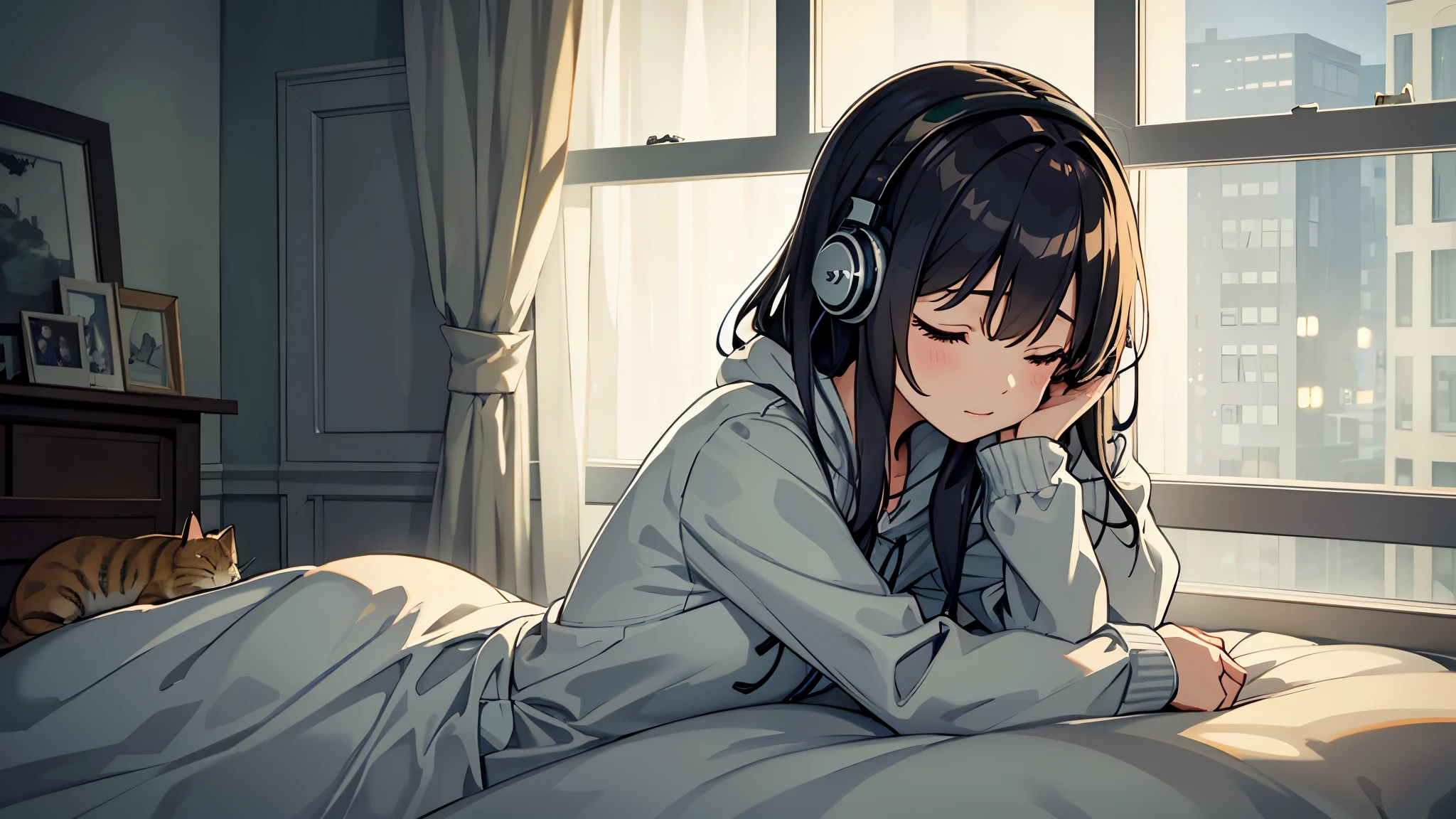 Seed value 2914348973 night、It's raining outside、Warmly lit room、A girl with headphones and a cat taking a nap near the window