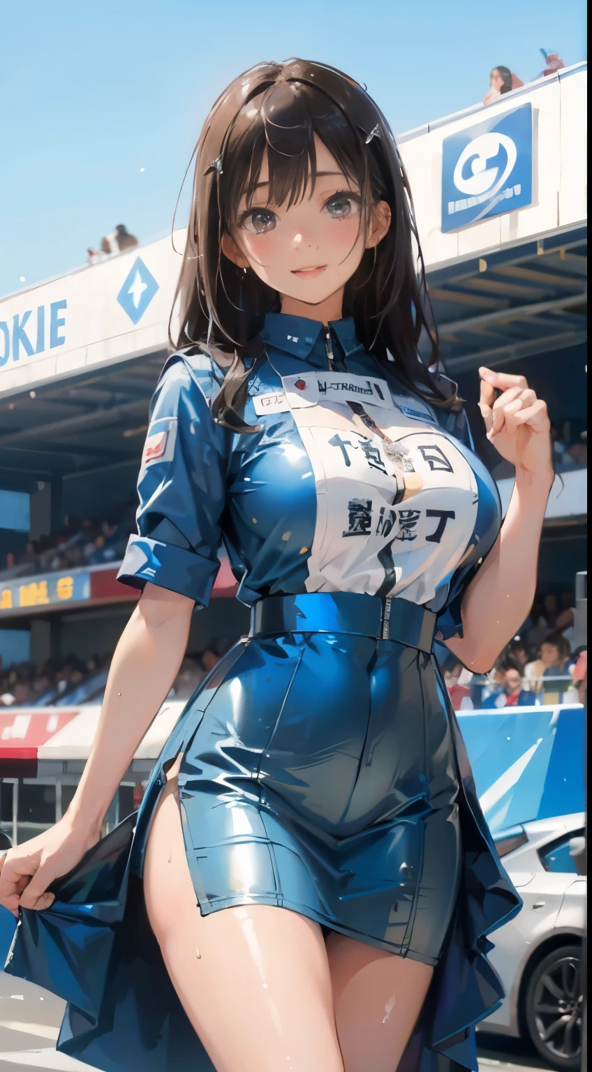 20-year-old woman in blue and white dress, huge tit, large full breasts、biomechanical oppai,  in dress, oppai proportions, Ecchi, Chest Emphasis Pose, Ecchi anime style,((top-quality)), ((​masterpiece)), Shy smile, Pitch Resuit, Puffy nipple, Shy laughter、Kamimei, knee high stockings, Adult Woman, (cum in vaginas:1.3), cum in mouth, (Overflowing G-string:1.5), Long Wave Hair、dark brown hair, Check mini skirt,Race Queen, masterpaintings, best qualtiy, Photorealsitic, ultra-detailliert, (shiny skins, perspired:1.4), Watch the crowd, Brown-eyed, slender, dynamic light and shadow, hight resolution, Sharp Focus, depth of view, The eyes are delicate, Sharp pupils, outside of house, Skysky, Tight skirt,Grid Girl, underboob, Wet_Clothes, Wear the grid_Girl costume printed with sponsor's logo, (Stand in a motorsport race)+, left hand on waist、sexy hips、Kamimei、Chest opening