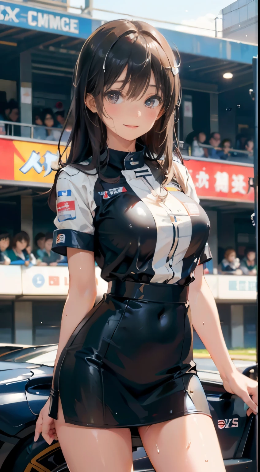 Anime girl in blue dress, oppai, biomechanical oppai, in dress, oppai proportions, Ecchi, Chest Emphasis Pose, Ecchi anime style,((top-quality)), ((masterpiece)), Shy smile, Pitch Resuit, Puffy nipple, Naughty face, knee high stockings, Adult Woman, (cum in vaginas:1.3), cum in mouth, (Overflowing G-string:1.5), Long Wave Hair、dark brown hair, Check mini skirt,Race Queen, masterpaintings, best qualtiy, Photorealsitic, ultra-detailliert, (shiny skins, perspired:1.4), Watch the crowd, Brown-eyed, slender, dynamic light and shadow, hight resolution, Sharp Focus, depth of view, The eyes are delicate, Sharp pupils, outside of house, Skysky, Tight skirt,Grid Girl, underboob, Wet_Clothes, Wear the grid_Girl costume printed with sponsor's logo, (Stand in a motorsport race)+, left hand on waist、sexy hips、Kamimei