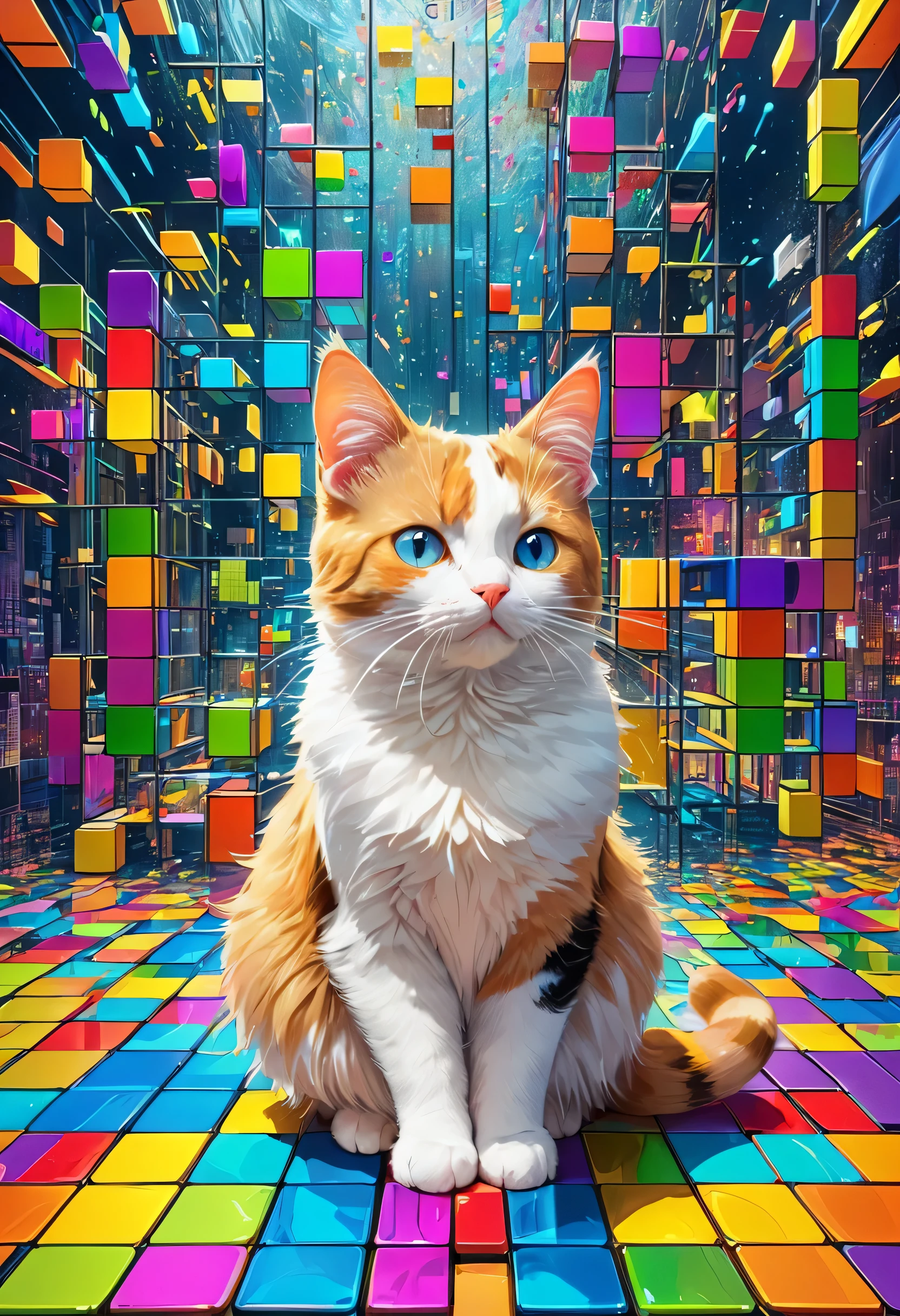 ((1 calico cat)), colorful, (Tetris:1.4), Colorful paint, splash paint, liquid, fog, Bright colors, matrix, hologram, disorganized, Detailed, Super detailed, very detailed, Complex, masterpiece, 8k，KHD，8K resolution，master piece