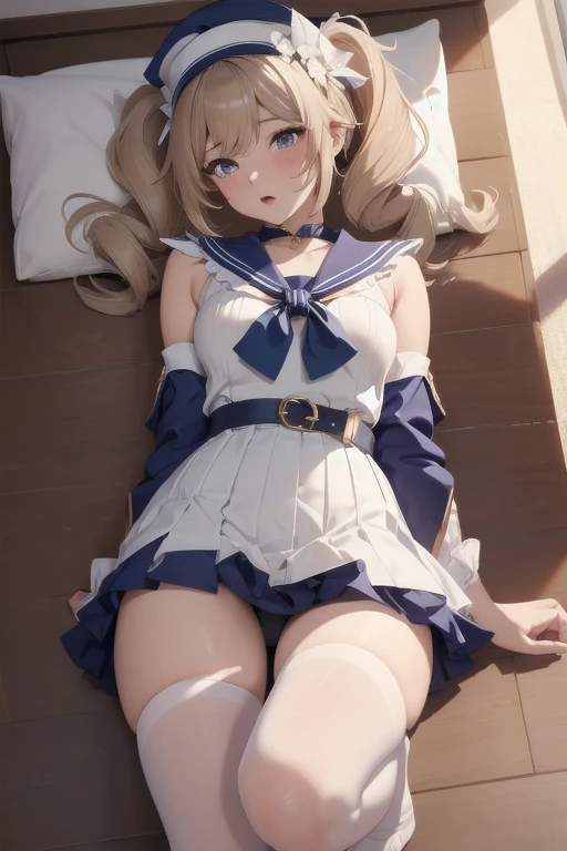 top quality,8K,one girl,Barbara,despise,half-closed eyes,blush,open mouth,shoulder,Thin face,face focus,face to the viewer,lying down,Lie flat on the bed,Aerial Photography,Full body like,(long and beautiful leg:1.5),Clear face,Exquisite facial features,sexy,a sailor suit that is extremely short in length,Super short skirt with V-line visible,white half pantyhose,mini skirt