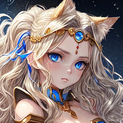 A glamorous cat-eared woman with blue eyes, wavy blonde hair and a circlet on her forehead, wearing silver armor.