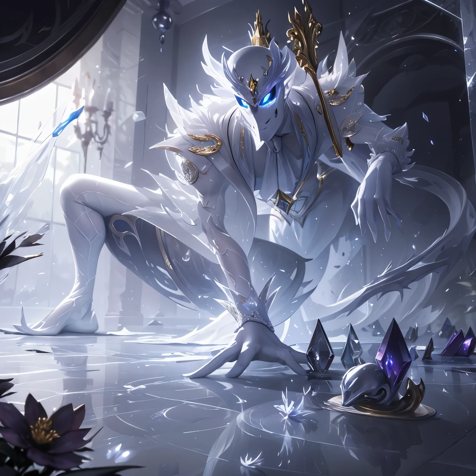 white shirt,(Spectral magic:1.2), League of Legends สแปลชอาร์ต, devil,(madness:1.2),crystal,mask,fight,bottom view,gold,fish,victorian hat,Europe,Middle Ages,marble pattern,white magic,joy,luxurious,diamond,flower,full figure,(white stone magic:1.2),mirror,mirrorเเตก,ผลึกcrystal,white coat,dynasty,gold lace pattern,water,เศษcrystalสีฟ้า,กลีบflower,Insects,(fiddlestick:1.2),(devilหุ่นไล่กา:1.0), fiddlestick league of Legends ,crawl,harbor