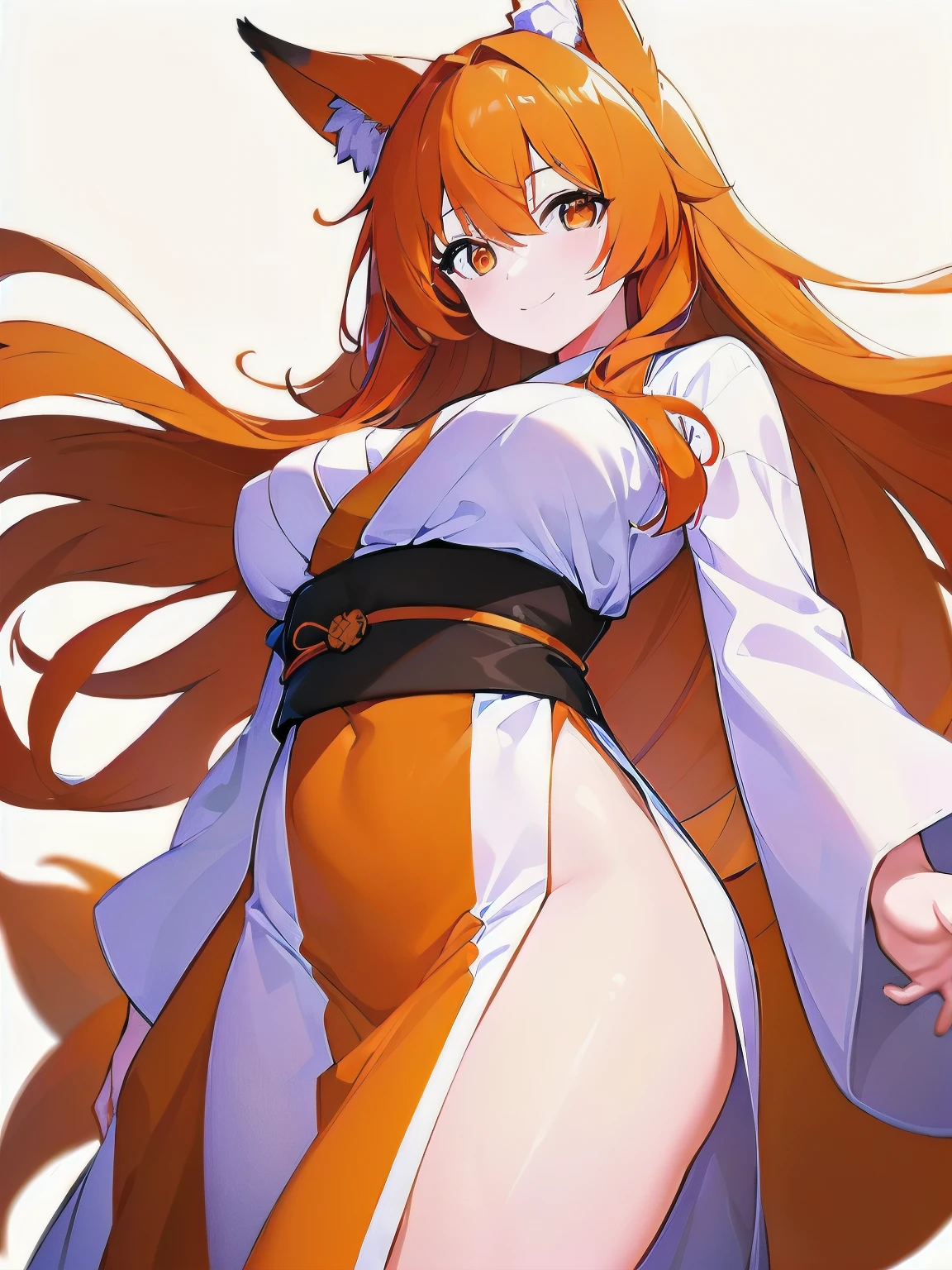 [(WHITE BACKGROUND:1.5),::5], ((((masterpiece)))), high quality, very_high_resolution, large_filesize, full color, breasts, from_below, focus on eyes, girl, woman, female, young, 20 years old, long hair, big hair, orange hair, hair fluttering in the wind, light smile, fox_ears, (orange eyes), japanese_clothes, 