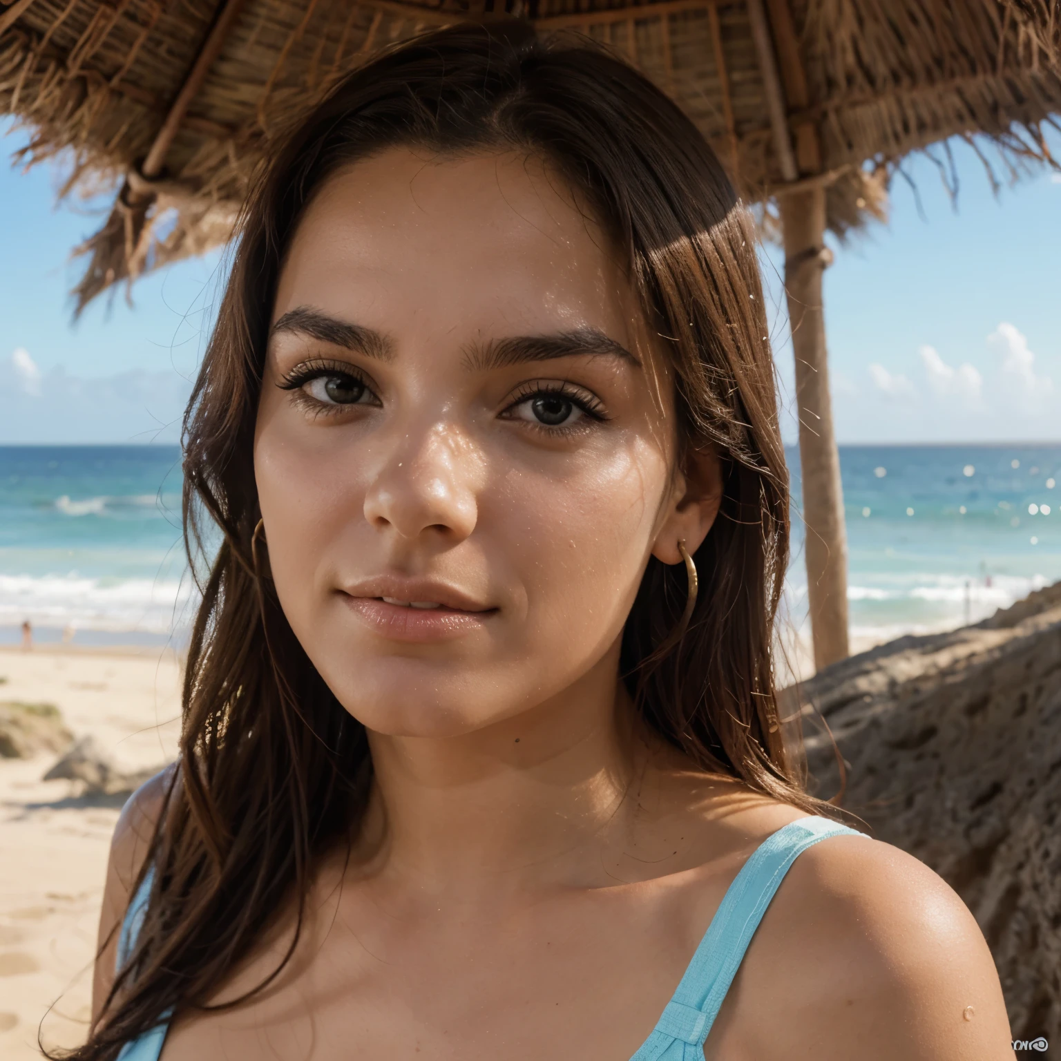 Branca, com o rosto perfeito, de biquini na praia