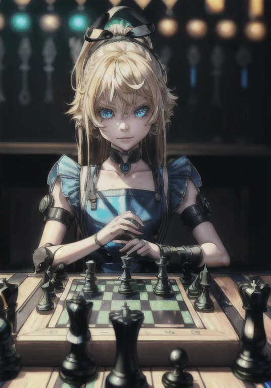 (diagonal shot, Best quality, vibrant colorful RAW photo, cinematic, ultrarealistic, photorealistic, 35mm professional photography, sparkling bright neon bokeh), Gorgeous blonde (Cyborg) girl Alice, (sitting at table (playing chess)), lost in thought, (alone), (smirking), futuristic Android ((Alice in Wonderland, cybernetic augmentations), INDWL, (blue dress, white apron, (black ribbon in hair)), pale skin, freckles, glowing eyes), neon , vibrant Cyberpunk setting, ((chessboard theme))