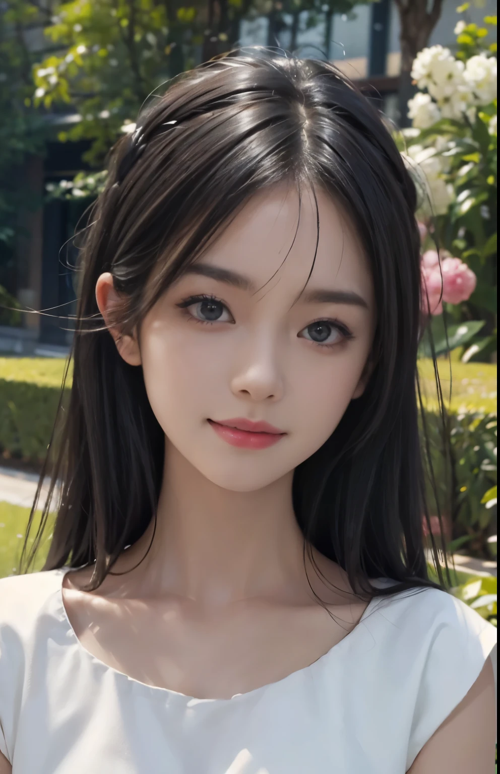 (ultra realistic) , (illustration), (increase resolution), (8K), (extremely detailed), (best illustration), (beautiful detailed eyes), (best quality), (ultra-detailed), (masterpiece), (wallpaper), (detailed face), solo,1 girl, looking at viewers, black straight hair, delicate details, in the dark, deep shadow, low key, pureerosfaceace_v1, happy smile, dark summer dress, full body, garden