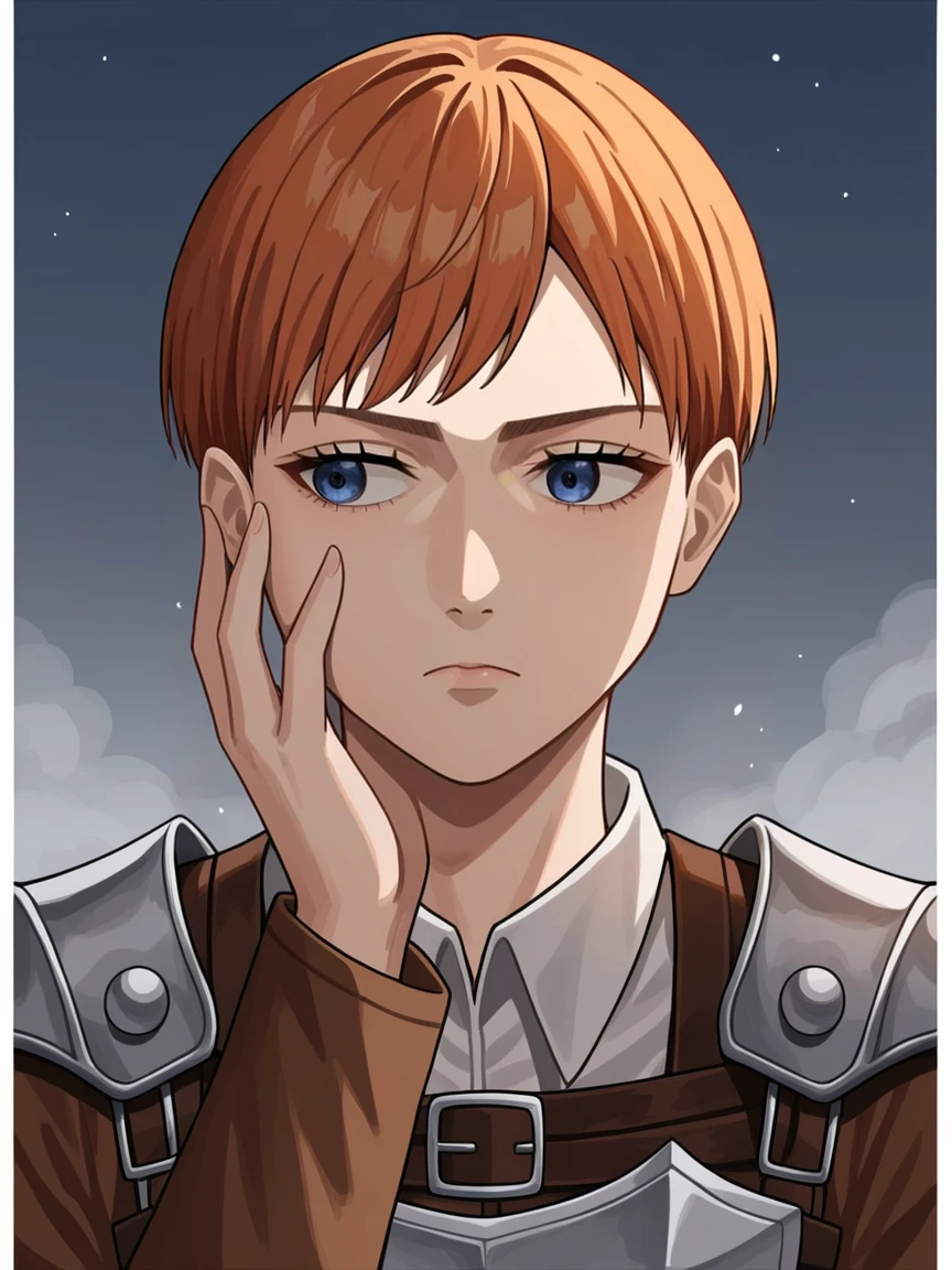 source_anime,score_9,score_8_up, BREAK, 1girl, solo, attack on titan, medieval, ((grim)), ((dark fantasy)), ((apathetic)), looking to the side, expressionless, closed mouth, ginger, short hair, pixie cut, night, night time, after dark, damaged armor, giving up,hopeless, hand on cheek, ((face closeup)), face focus, face only