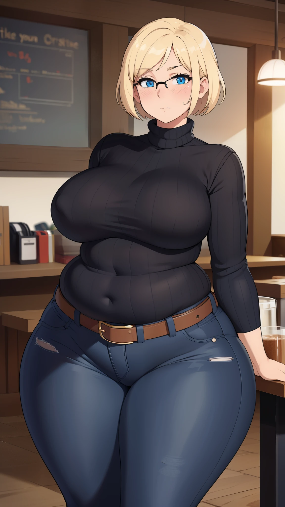 ((Masterpiece)), perfect anatomy, perfect shading, field of depth, (best quality), extremely delicate and beautiful, perfect lighting, detailed face, ultra cute face, cute, (cowboy shot 1.2), full body, (((1girl))), ((solo)), looking at viewer,

short hair, fluffy hair, blonde hair, blue eyes, Glasses, ((Blush)), shy, nervous, (black turtleneck sweater 1.5), (jeans 1.2), belt, extremely tight clothes, medium breasts, ((wide hips)), ((thick thighs)), ((chubby)), 

coffee shop, intricate background, detailed background,