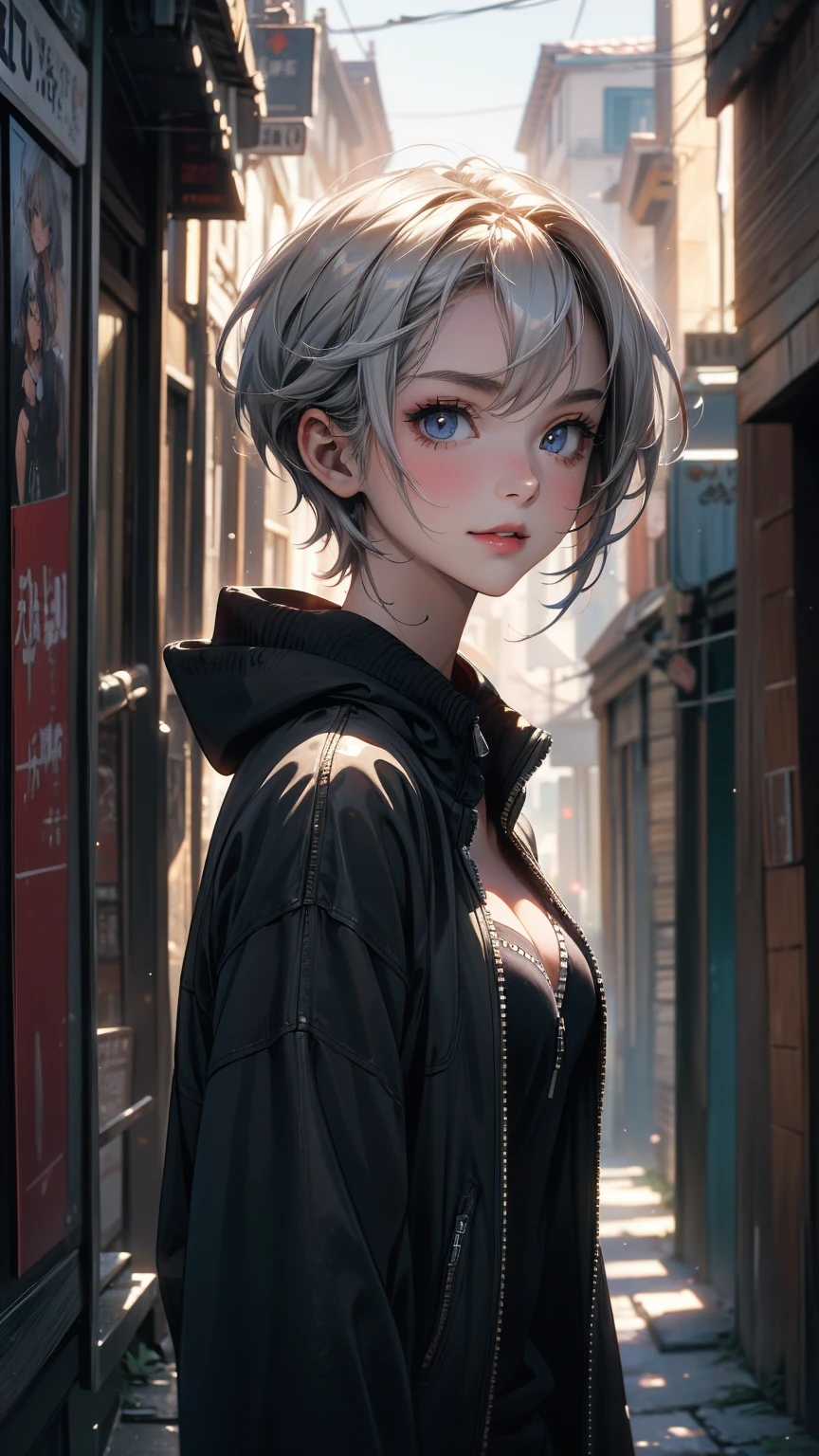 (masterpiece, High resolution, highest quality), ((20 year old woman, Composition from head to stomach, upper body focus)), smile, detailed eyes, Zippered hoodie, Asymmetrical punk short hair:1.2, ash gray hair, A little exposed cleavage, A deserted back alley in Paris:1.3, cinematic lighting, anime style, simple lines, digital painting