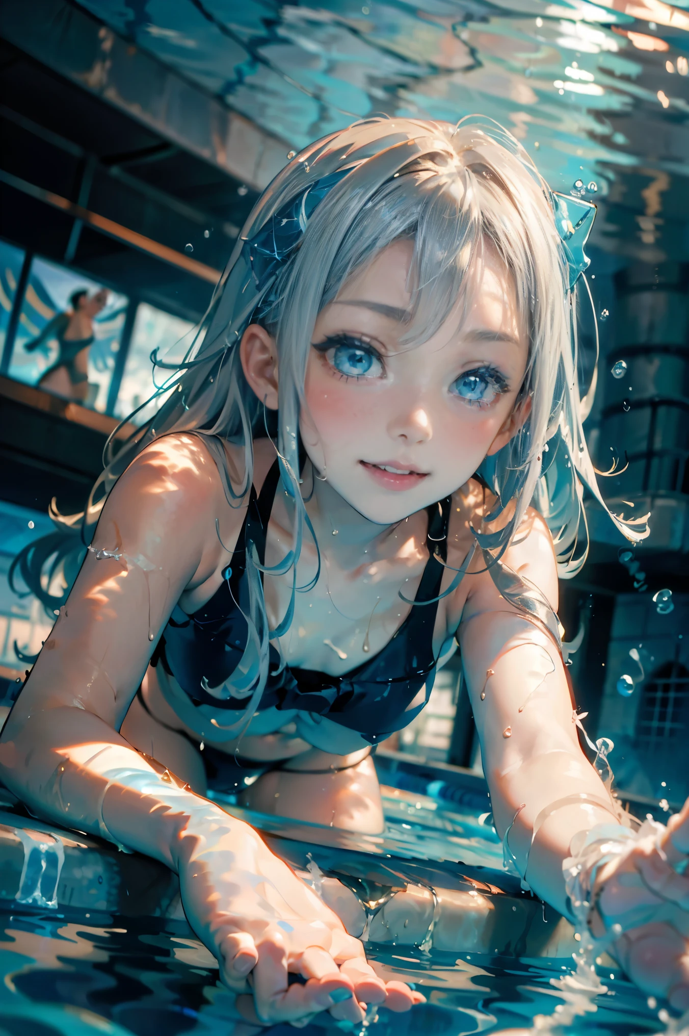 ((masterpiece)),(face focus:1.2),(from below),(Girl swimming deep underwater in the pool:1.5),(light blue competitive bikini),(small breasts),glistening skin,
BREAK
(silver hair),beautiful detailed eyes,aqua eyes,15 years old,long hair,smile,