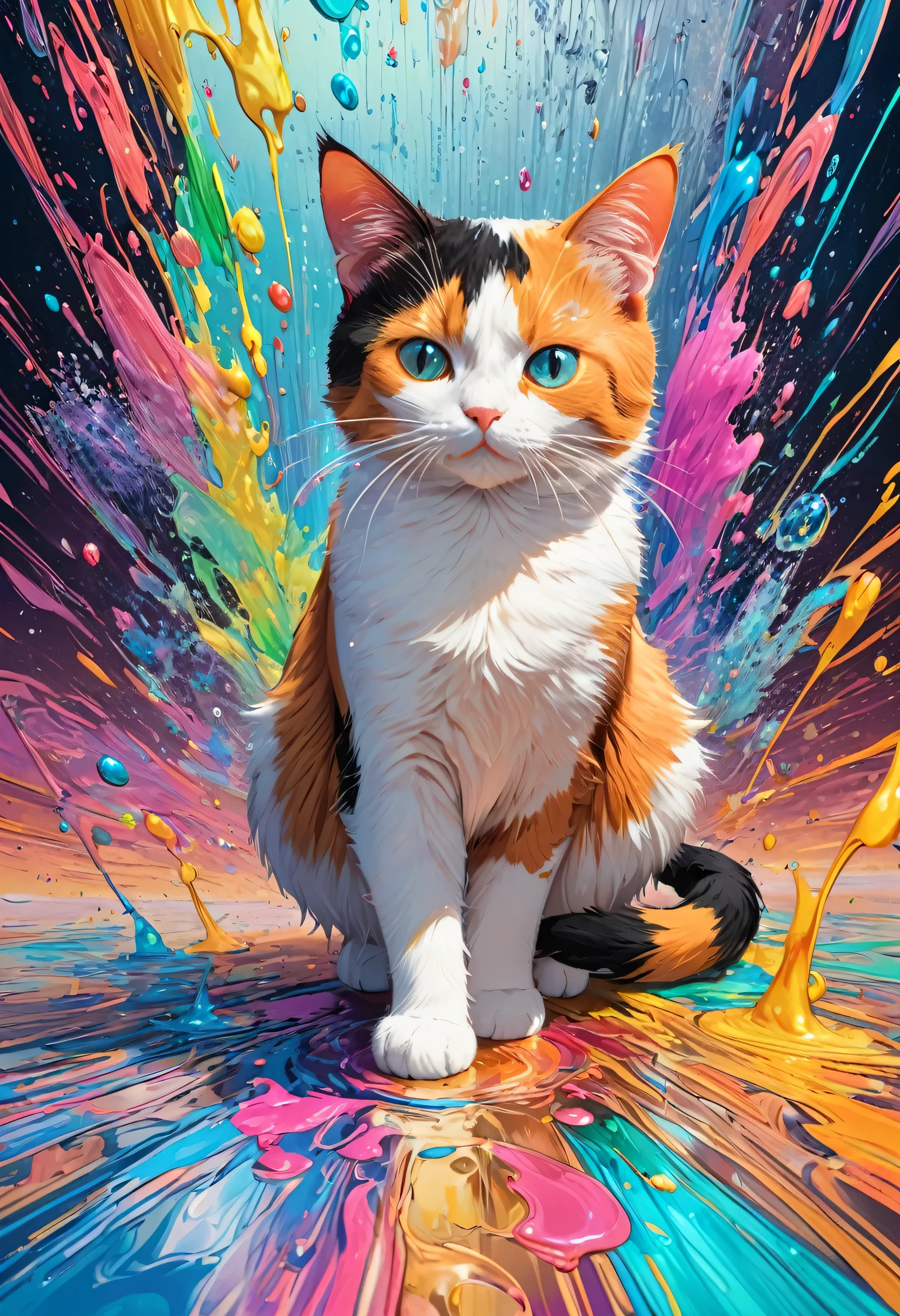 ((1 calico cat)), colorful, (Dot:1.4), Very deep composition、Colorful paint, splash paint, liquid, fog, Bright colors, matrix, hologram, disorganized, Detailed, Super detailed, very detailed, Complex, masterpiece, 8k，KHD，8K resolution，master piece