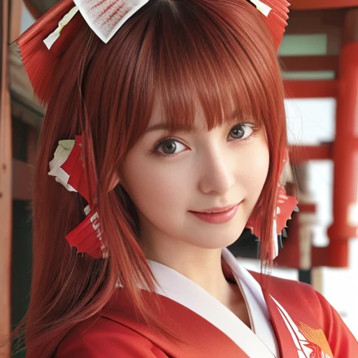 "(best quality, high resolution, tabletop, wallpaper, (realistic:1.25), bright lighting, professional lighting, face light, smooth lighting, Japanese girl, adult, beautiful girl, action, gravure, sexy, slender, incredibly beautiful, very beautiful detailed eyes, detailed face, slim, very short fluffy hair, (red hair color:1.2), clear eyes, look into the camera, ecstasy, orgasm, erotic, close-up of the face, smile,(shrine maiden:1.5))"