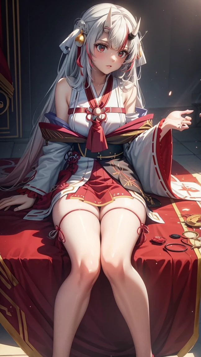 A female empress, white-haired, with yellow eyes, red nails, showing breasts, legs open showing pussy, with an angry face and a provocative look, mouth open with tongue out. Wearing traditional Chinese imperial clothing, decorated in gold with black details, with red Hanafuda earrings, with a short red skirt. Kneeling on a hotel room bed with the sunset at the window in the background.