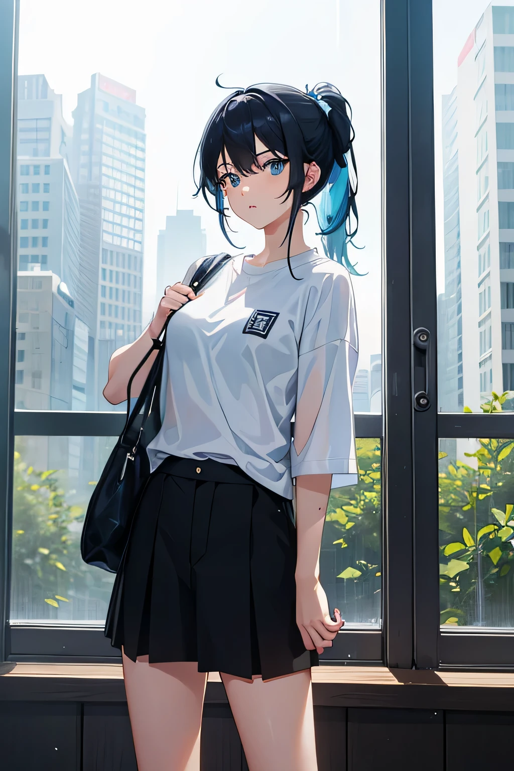 17 years old, girl, light blue ponytail, environment : Abandoned city, golf club weapon, light blue eyes, 1080p, 4K, hood T-shirt, heavy rain