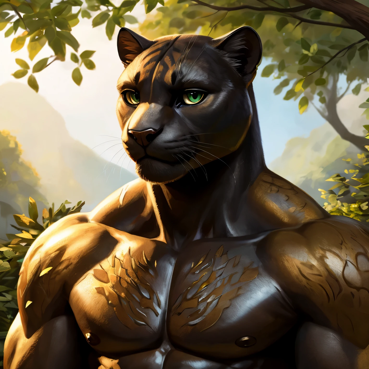 A humanized panther, with his muscular build and sleek feline features on full display, holds a metallic i-shaped profile in his strong, calloused hands. His intricately detailed eyes, a warm and inviting golden hue, meet the viewer's gaze with a hint of curiosity. His purr-worthy physique is depicted in the highest quality, every muscle sculpted and defined, a masterpiece of both realism and art. The delicate yet expressive lines of his face add to his masculine allure. The scene is set against a background of crisp, green foliage, the sunlight dappled through the leaves, casting an elegant and bright ambiance. The metal