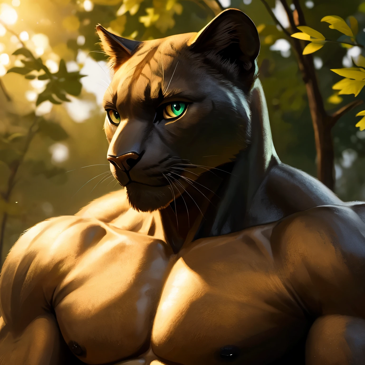 A humanized panther, with his muscular build and sleek feline features on full display, holds a metallic i-shaped profile in his strong, calloused hands. His intricately detailed eyes, a warm and inviting golden hue, meet the viewer's gaze with a hint of curiosity. His purr-worthy physique is depicted in the highest quality, every muscle sculpted and defined, a masterpiece of both realism and art. The delicate yet expressive lines of his face add to his masculine allure. The scene is set against a background of crisp, green foliage, the sunlight dappled through the leaves, casting an elegant and bright ambiance. The metal