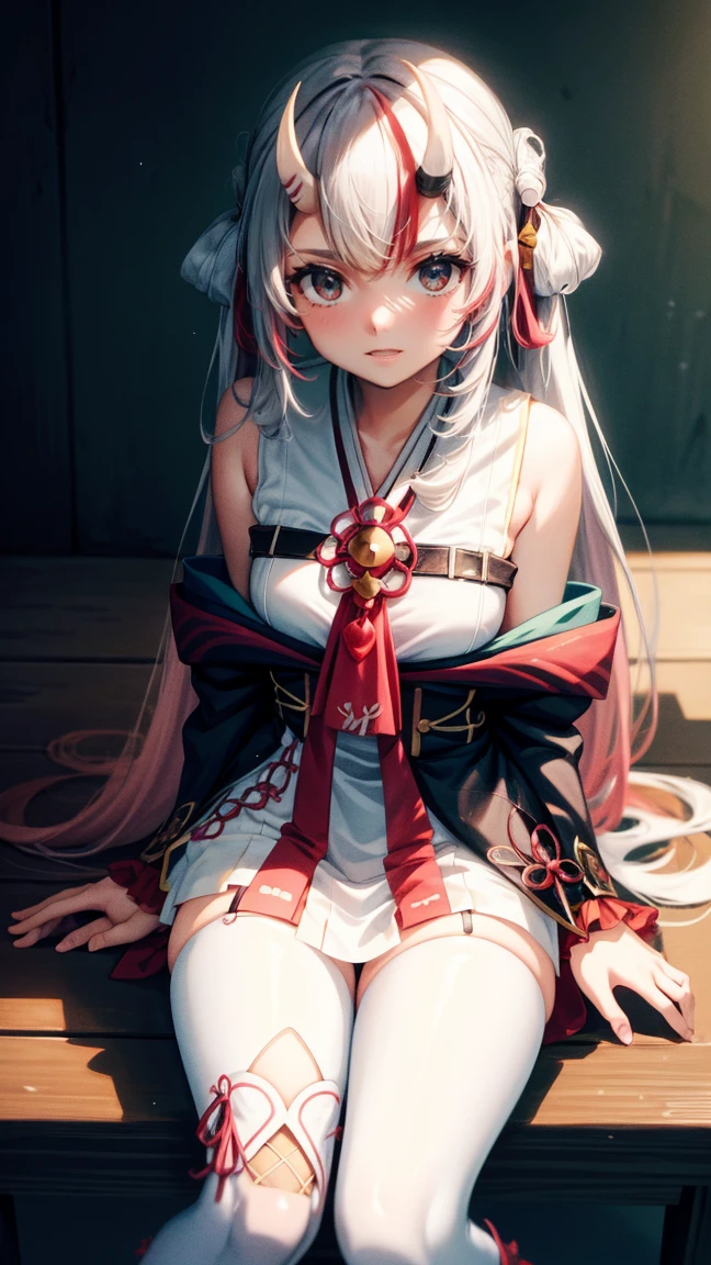 1girl, white and red hair, red eyes, dress, sake in hand, nakiri ayame, realistic, ultra hd