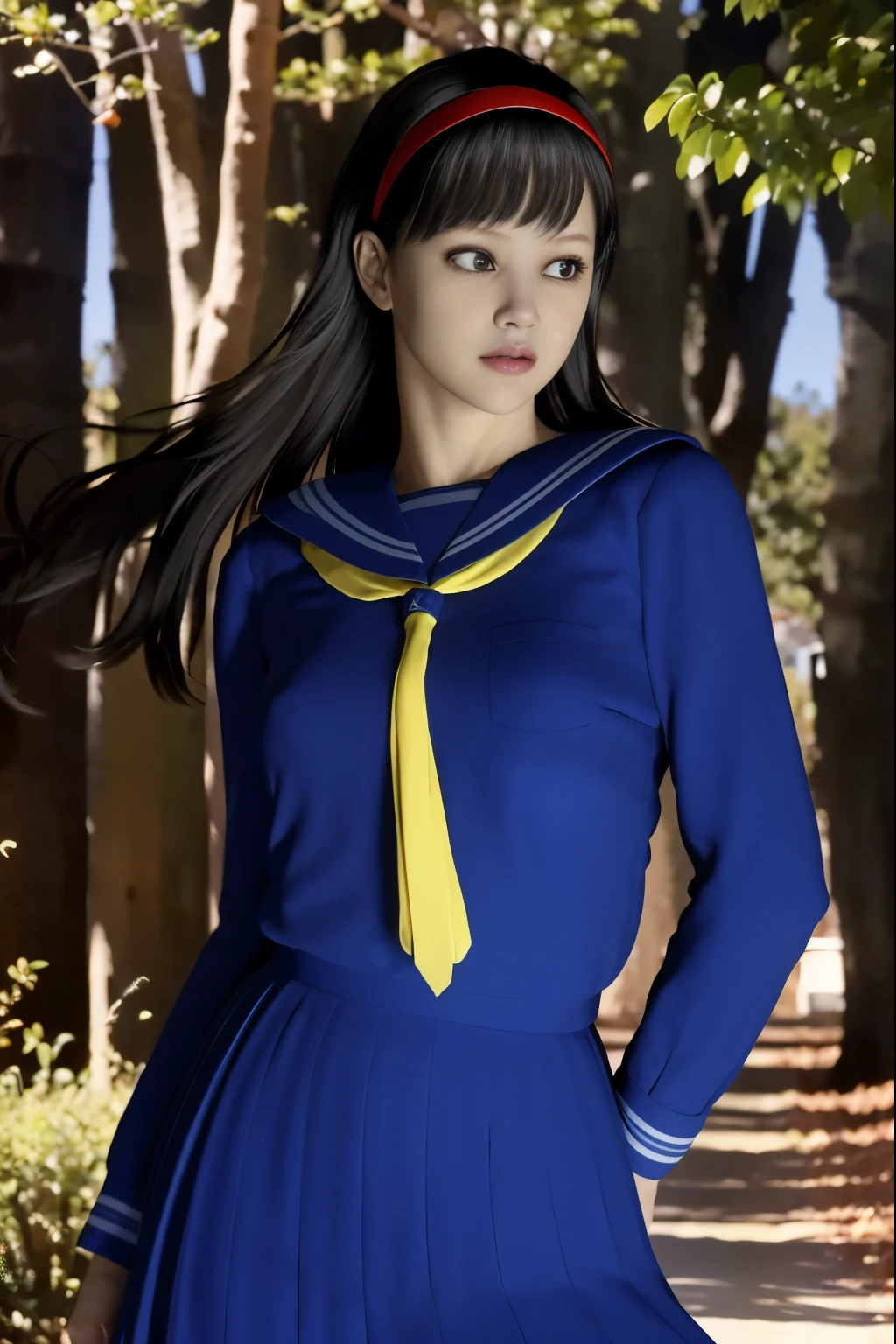 (8K, highest quality, masterpiece:1.2), (realistic, photo-realistic:1.37), Super detailed,highest quality, ultra high resolution, professional lighting, photon mapping, radio city, Physically based rendering, cinematic lighting, midnight road,Depth of written boundary, sharp focus, light, good composition,(beautiful thighs) 1 girl,alone,(whole body), ((high school girl sailor suit、navy knee socks)),fine and beautiful eyes, temporarily stop, tight waist,Japanese high school girl, black hair,messy hair,long hair fluttering in the wind,(Ulzzang-6500:1.2) mix 4,