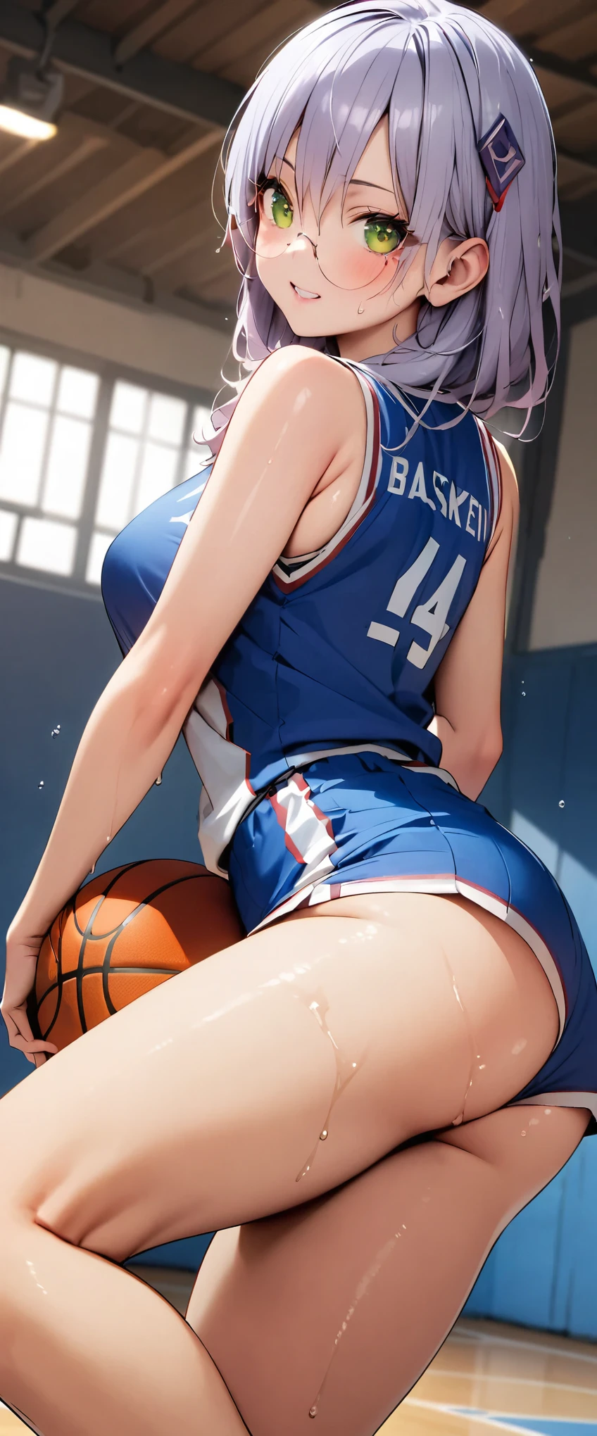 (masterpiece,highest quality,超A high resolution),japanese woman, (((Very beautiful 25 year old girl))), pretty girl、look at the photographer、 (()), super cute face, glossy lips, double eyelids in both eyes,natural smile、 natural makeup, long eyelashes, Shiny and smooth hair、center image, perfect limbs, perfect anatomy,(((basketball sleeveless uniform)))、,(wet with sweat),,turn around and look back,basketball court,See-through