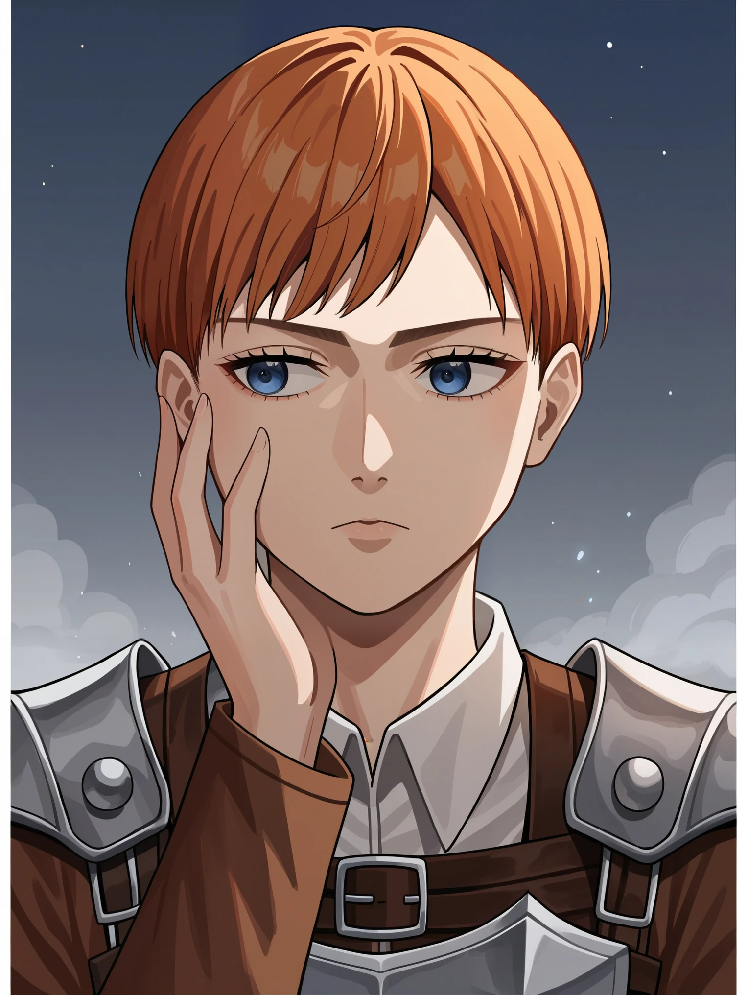source_anime,score_9,score_8_up, BREAK, 1girl, solo, attack on titan, medieval, ((grim)), ((dark fantasy)), ((apathetic)), looking to the side, expressionless, closed mouth, ginger, short hair, pixie cut, night, night time, after dark, damaged armor, giving up,hopeless, hand on cheek, ((face closeup)), face focus, face only