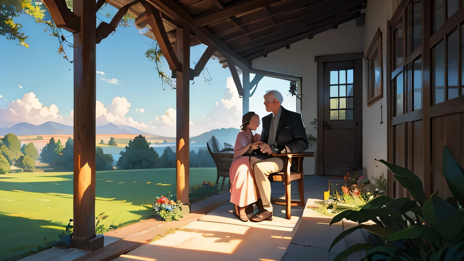 On the terrace of a picturesque country house, with rustic wooden pillars and vines adorning the walls, a young man and his grandfather are sitting in wicker rocking chairs, voltadas uma para a outra. Entre eles, uma pequena mesa de madeira sustenta uma concha brilhante, that captures the last rays of the day's sun. The young man holds the shell in his hands, while her grandfather watches her with a look of admiration and nostalgia. Ao redor, the setting is a reflection of the serenity of the countryside, with lush green fields stretching as far as the eye can see, and tall trees swaying gently in the breeze. The sky is tinged with warm shades of orange and pink as the sun slowly sets over the horizon., creating an atmosphere of peace and contemplation. Young man and his grandfather share a special moment of connection, surrounded by the beauty of nature and the affectionate bond that unites them.