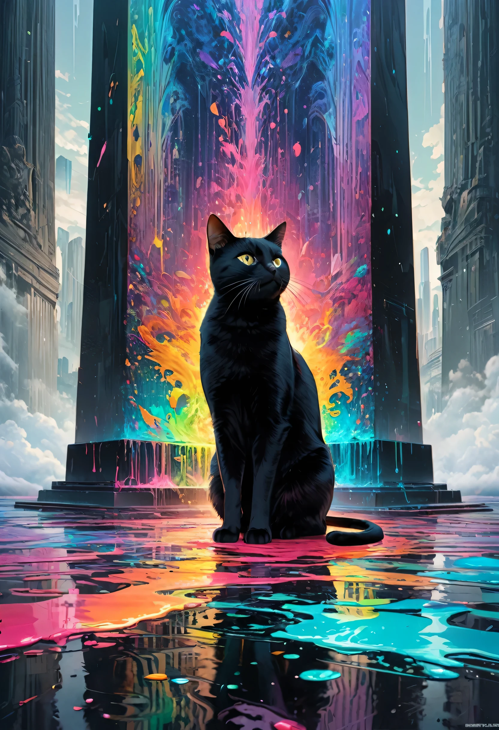 ((1 black cat)), colorful, (monolith:1.4), Very deep composition、Colorful paint, splash paint, liquid, fog, Bright colors, matrix, hologram, disorganized, Detailed, Super detailed, very detailed, Complex, masterpiece, 8k，KHD，8K resolution，master piece