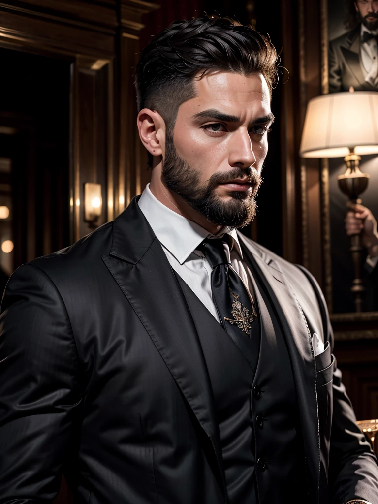 Realistic (muscular man: 1.1) mob boss, with an intricate elegant black suite, portrait, short hair, profiled beard, jewelry, in a nightclub, spot scene lighting, detailed background, intricate details, (illustration), masterpiece, high resolution, best quality.
