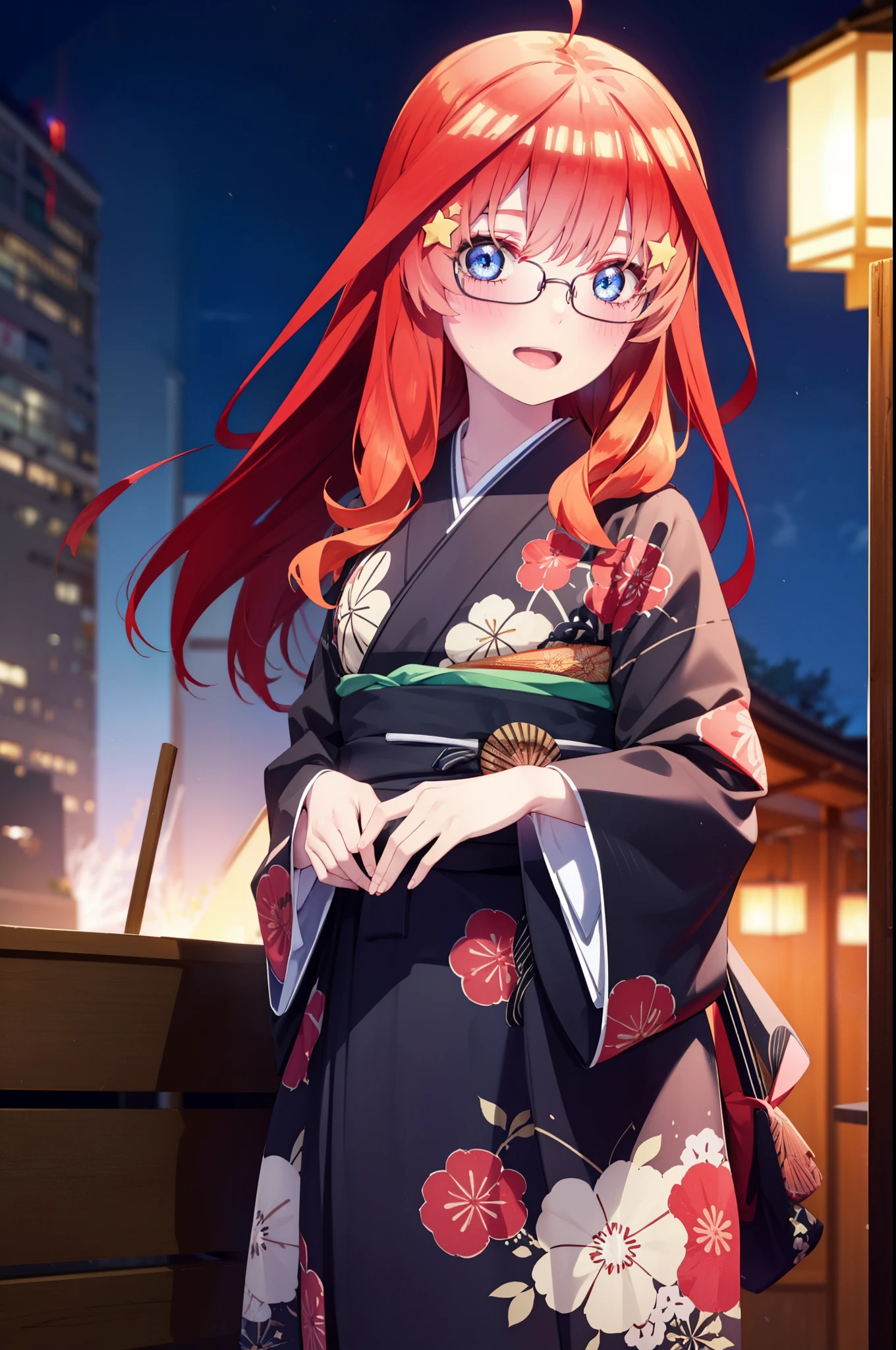 itsukinakano, itsuki nakano, bangs, blue eyes, hair between eyes, Ahoge, redhead, star \(symbol\), hair ornaments, star hair ornaments,Akagi glasses,smile,blush,happy atmosphere,open your mouth,long hair,tie your hair back,Red gorgeous kimono,night空のfirework,firework,Zori sandals,japanese festival,summer festival stalls,red lantern,night,イラストにwhole bodyが入るように, night
break outdoors, shrine, break looking at viewer,whole body,(cowboy shot:1.5),
break (masterpiece:1.2), highest quality, High resolution, unity 8k wallpaper, (shape:0.8), (fine and beautiful eyes:1.6), highly detailed face, perfect lighting, Very detailed CG, (perfect hands, perfect anatomy),