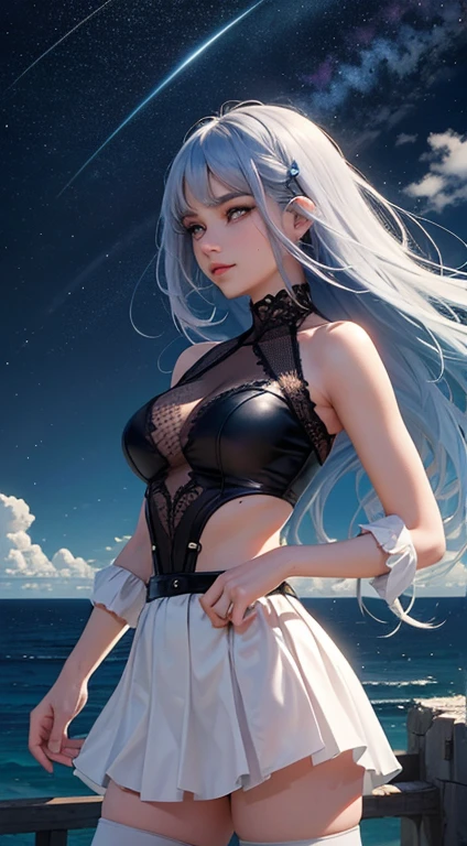 (obra de arte), (Melhor qualidade), (ultra detalhado),(cabelo desgrenhado),(illustration), (1 menina), (Roupas da moda), standing, Modelo de moda, ver o visualizador, (entrevista), (fundo simples),lindos olhos detalhados, rosto delicado e lindo, Flutuando,(high saturation),(salpicos coloridos),bolha colorida,(brilhando), foco no rosto, rabos de cavalo, Kamiasto convidado, Cabelo azul claro, franja, anel de cabelo, Flutuando flowers, Flutuando hairs, (brilhando), better lighting, melhor sombra,(teta enorme,seios com decote gigantesco)