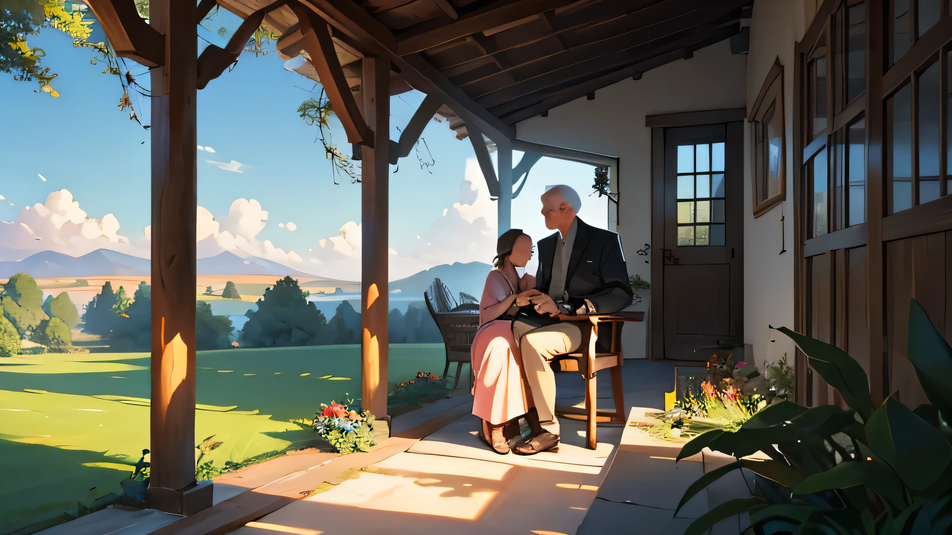 On the terrace of a picturesque country house, with rustic wooden pillars and vines adorning the walls, a young man and his grandfather are sitting in wicker rocking chairs, voltadas uma para a outra. Entre eles, uma pequena mesa de madeira sustenta uma concha brilhante, that captures the last rays of the day&#39;s sun. The young man holds the shell in his hands, while her grandfather watches her with a look of admiration and nostalgia. Ao redor, the setting is a reflection of the serenity of the countryside, with lush green fields stretching as far as the eye can see, and tall trees swaying gently in the breeze. The sky is tinged with warm shades of orange and pink as the sun slowly sets over the horizon., creating an atmosphere of peace and contemplation. Young man and his grandfather share a special moment of connection, surrounded by the beauty of nature and the affectionate bond that unites them.





