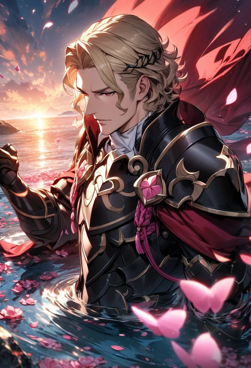 absurdres, highres, ultra detailed, HDR, master piece, best quality, Xander, blond hair, Fire emblem fates, 1man, extremely handsome, expressive red eyes, pink petals, pink butterflies, pink flowers, water, black armor, red cape