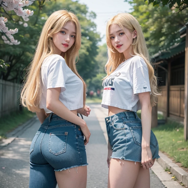 2girl, (Twins), Blue eyes, (smiling), (Sana Minatozaki), wide hips, Big , big ass, (Best Quality, 8k, Masterpiece: 1.3), perfect hands, Clear Focus: 1.2, Perfect Body Beauty: 1.4 , Slender Abs: 1.2, Highly detailed face and skin texture, detailed eyes, double eyelids, red lips, (blonde long hair), white t-shirt, jeans, standing, (with his twin sister :1.4), look back, in a Tokyo neighborhood, sakura trees in the background, deep on field, shorts jeans,,fit Clothes,