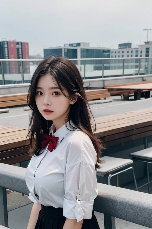 (RAW photo、best quality)、(real、realistic:1.2)、Close-up portrait shoot、1 girl、Rooftop café in a shopping mall、outdoor、cool face、(high detail skin:1.4)、gorgeous hair、air bang、brown black hair、White light shirt and bow tie、bright red pleated skirt、soft lighting、high quality、((Huge lower milk))、naked