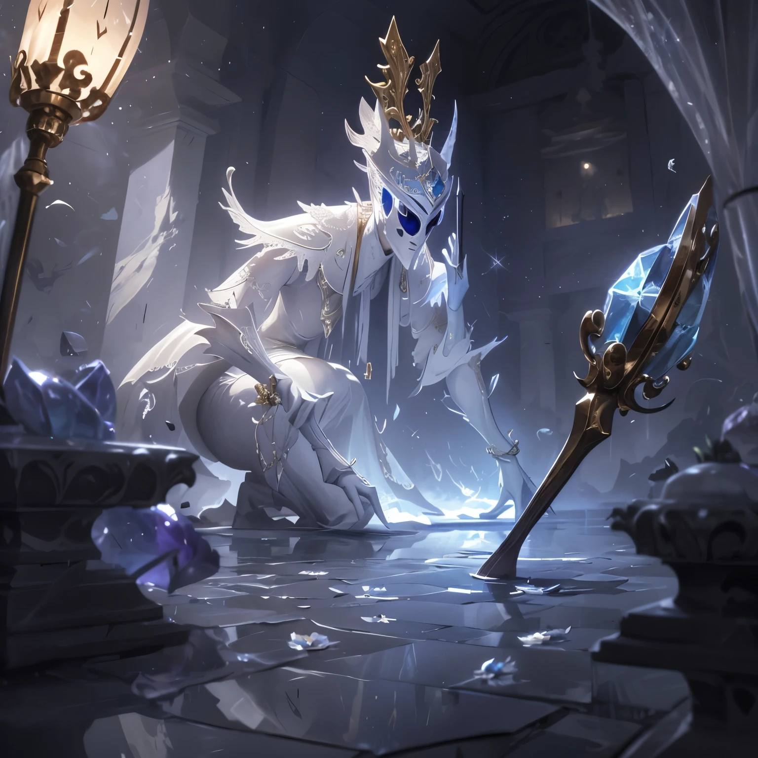 white shirt,(Spectral magic:1.2), League of Legends สแปลชอาร์ต, devil,(madness:1.2),crystal,mask,fight,bottom view,gold,fish,victorian hat,Europe,Middle Ages,marble pattern,white magic,joy,luxurious,diamond,flower,full figure,(white stone magic:1.2),mirror,mirrorเเตก,ผลึกcrystal,white coat,dynasty,gold lace pattern,water,เศษcrystalสีฟ้า,กลีบflower,Insects,(fiddlestick:1.2),(devilหุ่นไล่กา:1.0), fiddlestick league of Legends ,crawl,harbor,maskdevil