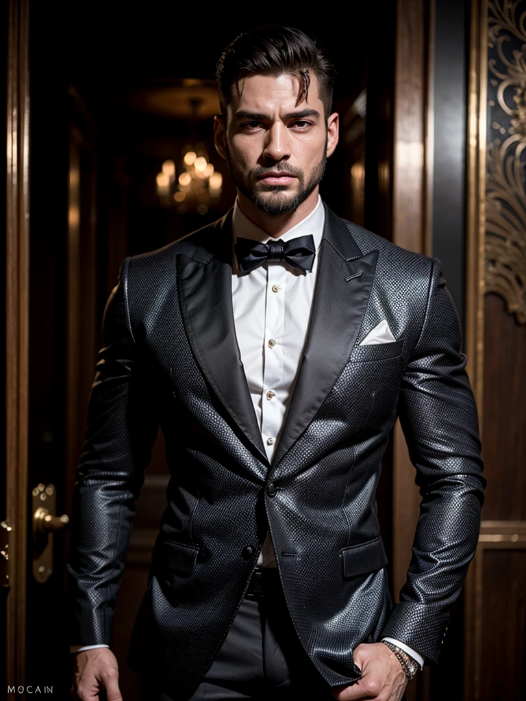 Realistic (muscular man: 1.1) mob boss, with an intricate elegant black suite, portrait, short hair, profiled beard, jewelry, in a nightclub, spot scene lighting, detailed background, intricate details, (illustration), masterpiece, high resolution, best quality.