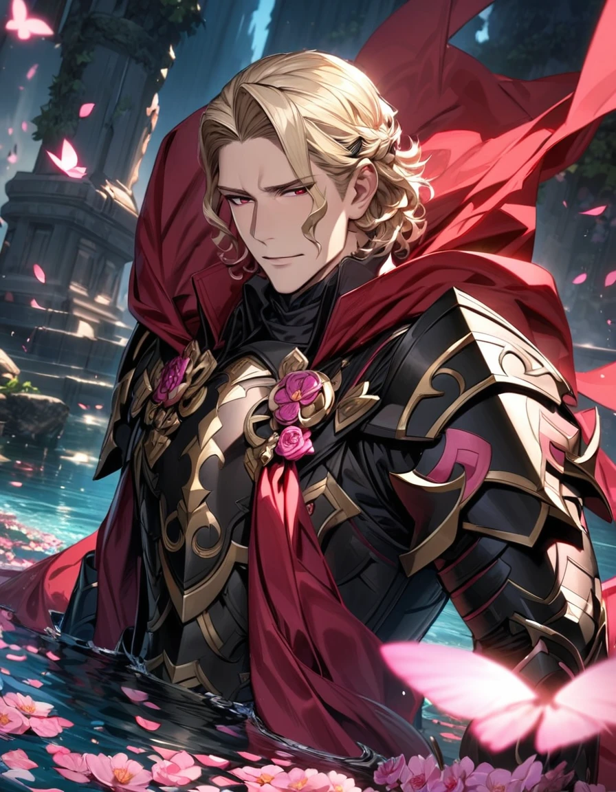 absurdres, highres, ultra detailed, HDR, master piece, best quality, Xander, blond hair, Fire emblem fates, 1man, extremely handsome, expressive red eyes, pink petals, pink butterflies, pink flowers, water, black armor, red cape