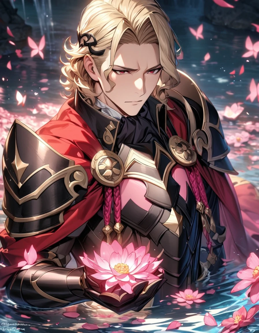 absurdres, highres, ultra detailed, HDR, master piece, best quality, Xander, blond hair, Fire emblem fates, 1man, extremely handsome, expressive red eyes, pink petals, pink butterflies, pink flowers, water, black armor, red cape