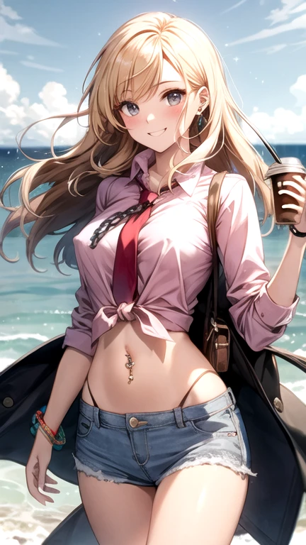 Vision flow of a beautiful woman walking along the seashore, Her pink shirt and faded, tattered white denim mini hotpants, Red car passing in the background, And a world of sparkling light.  Navel exposed look、Keyhole Tops、Tie up your shirt、Disheveled long hair blowing in the wind、bracelet、(Carry iced coffee)、brown skin、blonde、A bright smile、A chain is wrapped around the waist、navel piercing、string panties、(thong, Tanga, g-strings)、nipple、